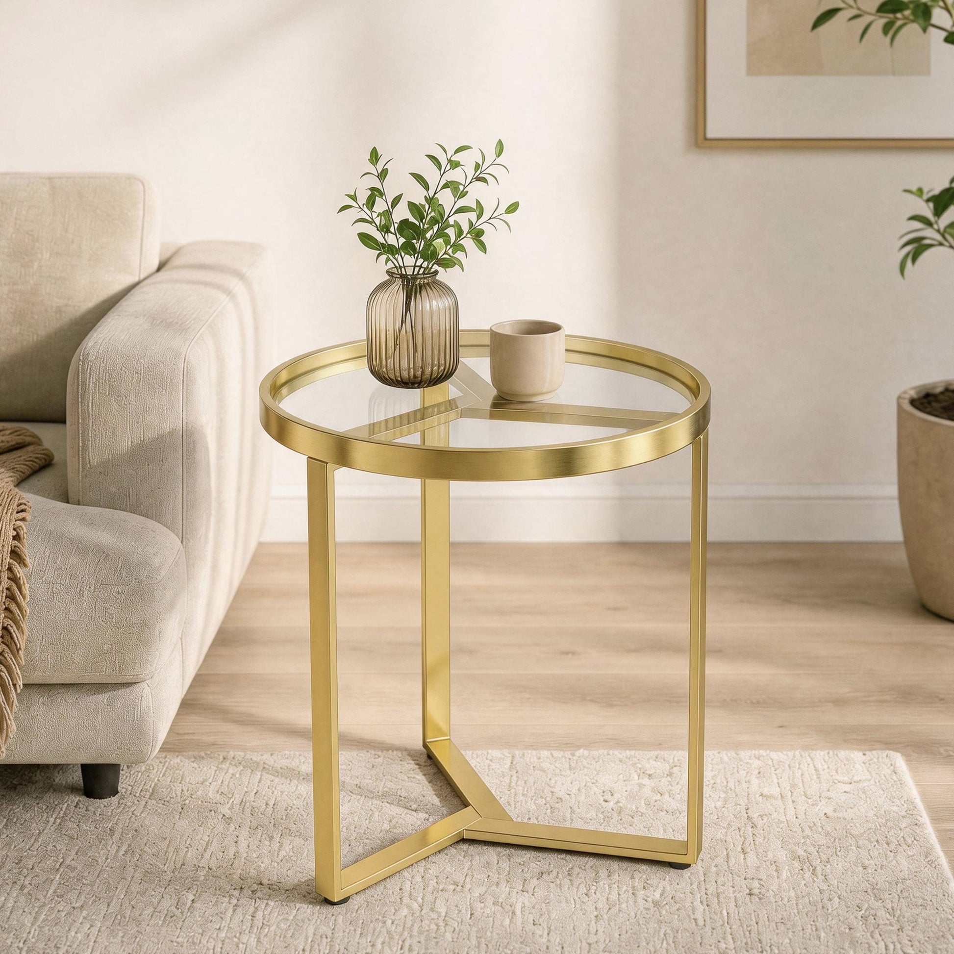 Round Side Table with Tempered Glass Top, Modern End Table with Geometric Metal Frame for Small Space, Living Room and Bedroom, Gold Tone
