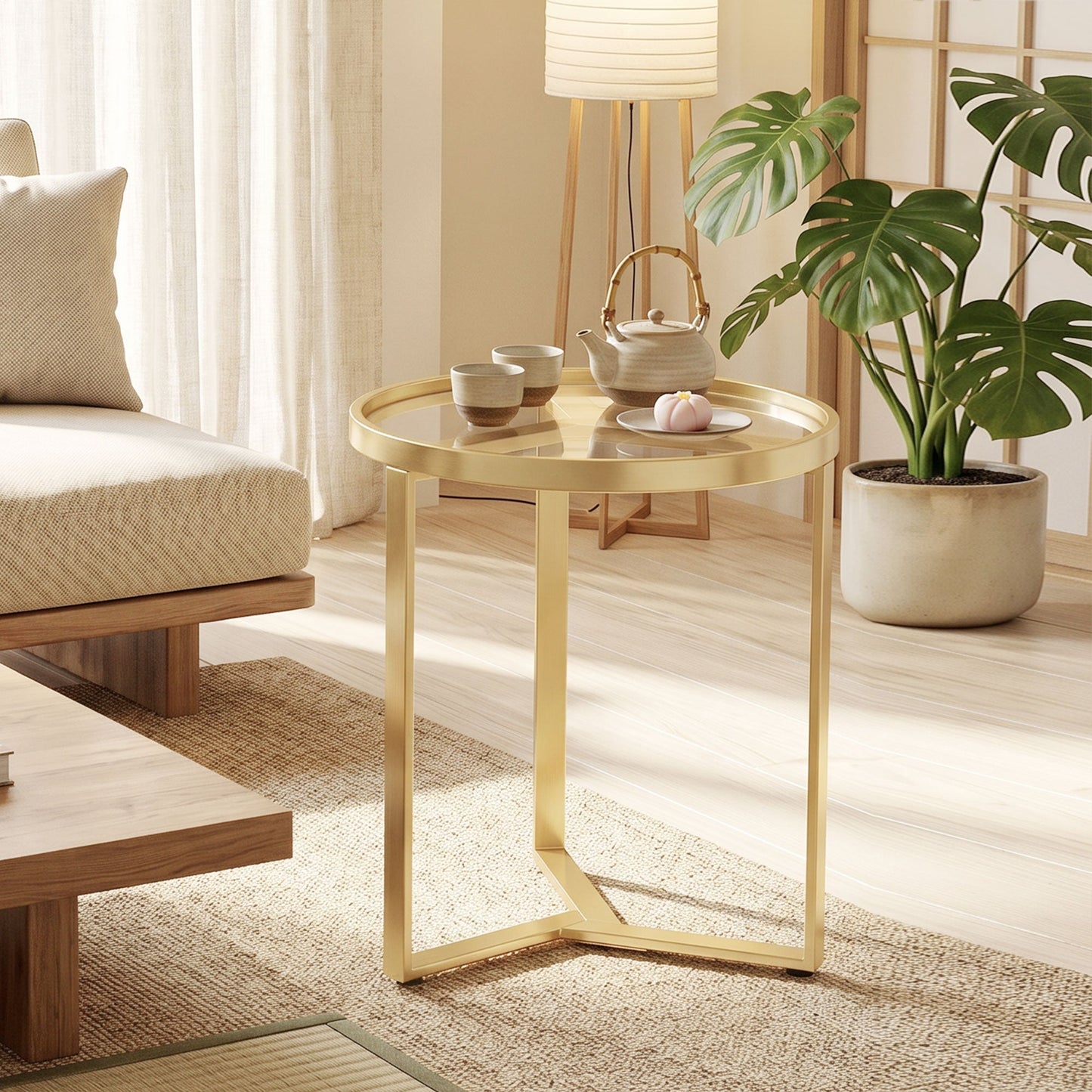 Round Side Table with Tempered Glass Top, Modern End Table with Geometric Metal Frame for Small Space, Living Room and Bedroom, Gold Tone
