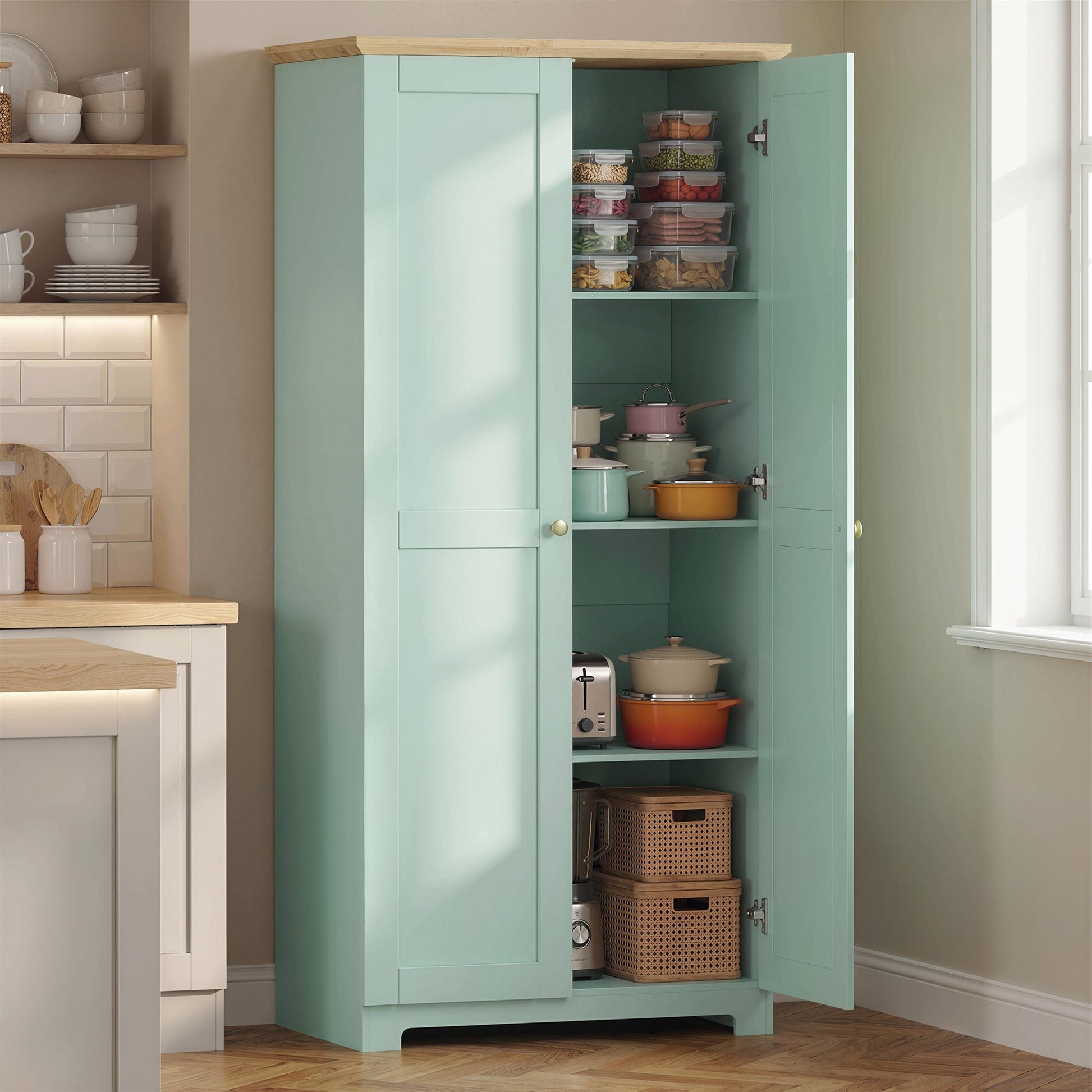 172cm Kitchen Cupboard, Freestanding Storage Cabinet with Doors and Shelves, Modern 2-Door Kitchen Pantry Cupboard for Dining Room, Light Green