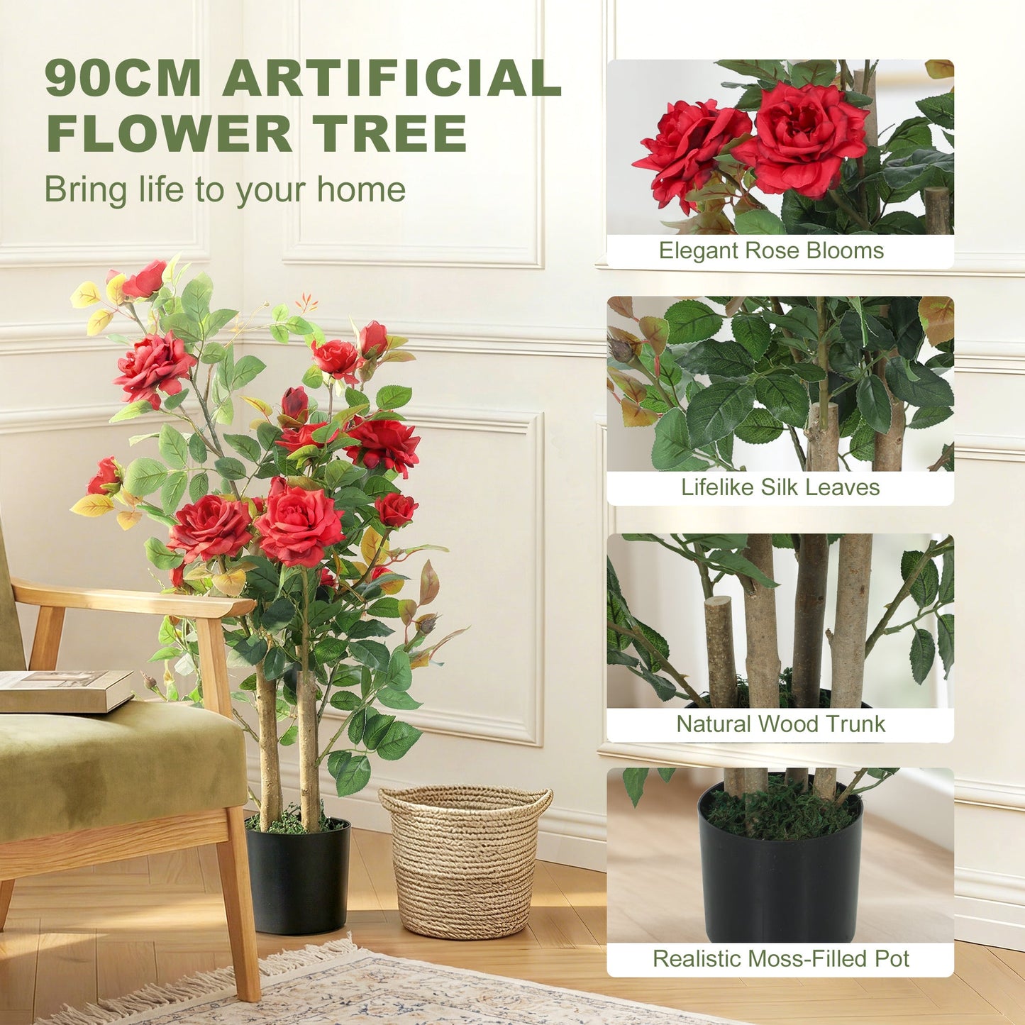 90cm Artificial Rose Tree Set of 2, Decorative Fake Plant with 344 Silk Leaves and 17 Flowers, UV-Resistant Faux Tree for Outdoor Indoor Garden Porch Decor, Red