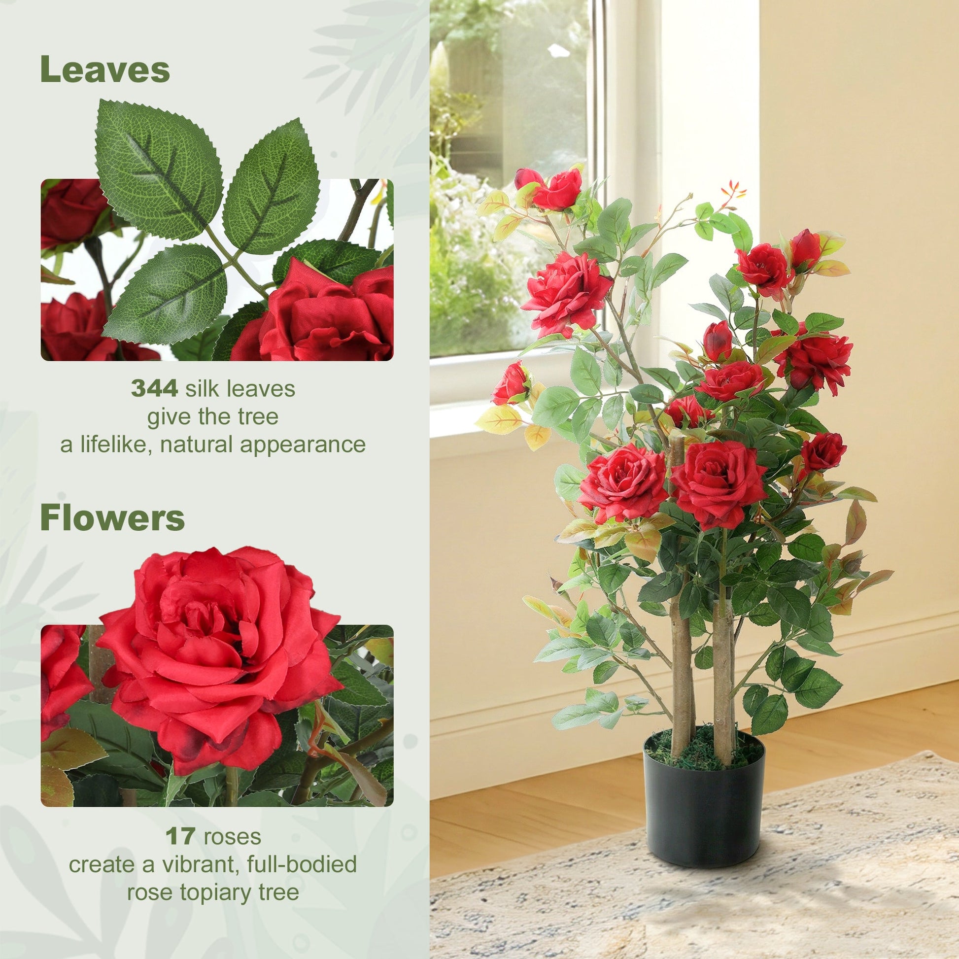 90cm Artificial Rose Tree Set of 2, Decorative Fake Plant with 344 Silk Leaves and 17 Flowers, UV-Resistant Faux Tree for Outdoor Indoor Garden Porch Decor, Red