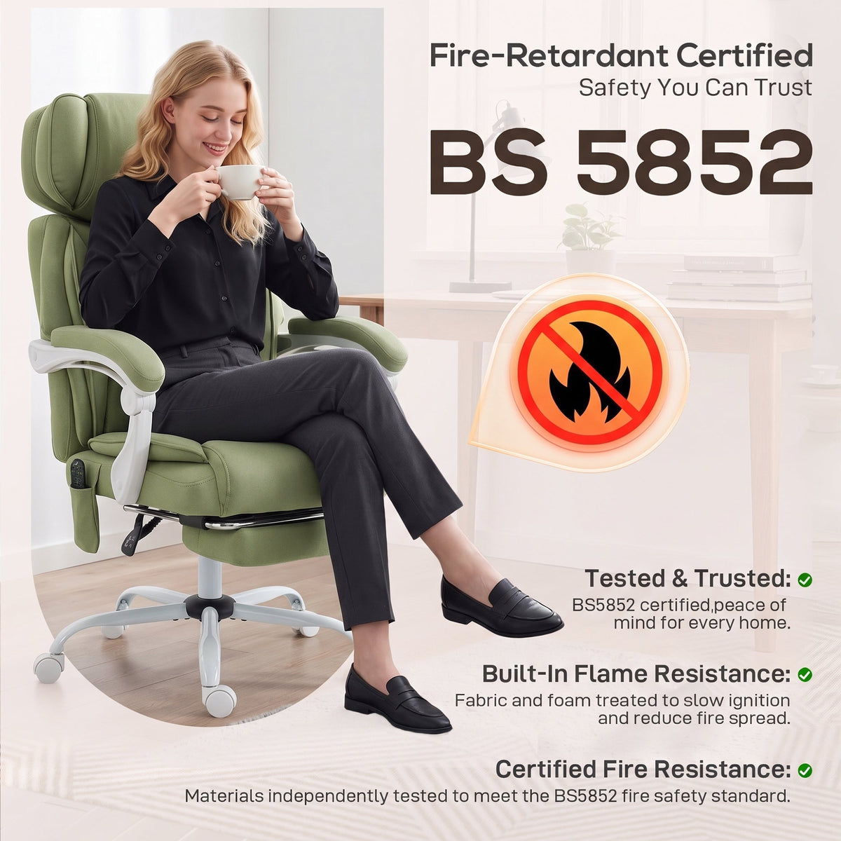 Office Chair with 6-Point Vibration Massage and Heat, Leathaire Upholstered Computer Desk Chair with Adjustable Headrest, Footrest, Linkage Armrests, Reclining, Remote, Lime Green