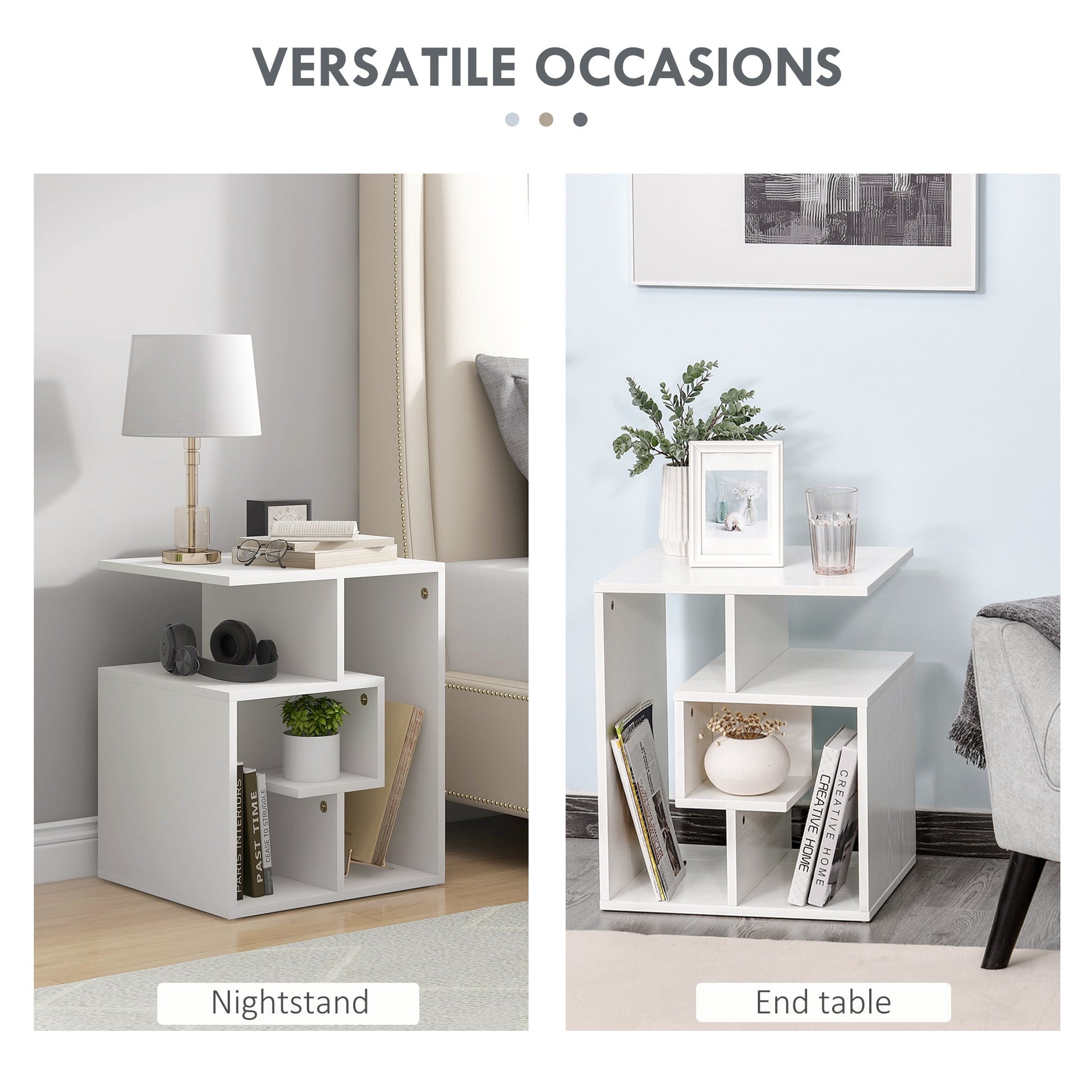 HOMCOM Side Table, 3 Tier End Table with Open Storage Shelves, Living Room Coffee Table Organiser Unit, White