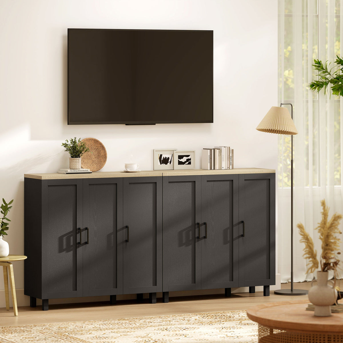 Sideboard Buffet Cabinet, Kitchen Storage Cabinet with 3 Doors and Adjustable Shelves for Living Room, Kitchen, Dining Room, Black