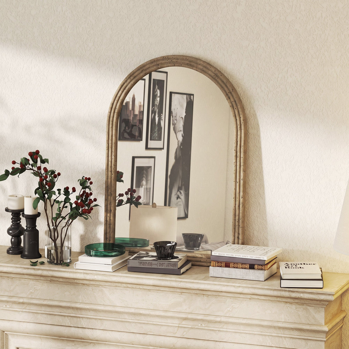 Arched Wall Mirror with Grooved Edge, Modern Wall-Mounted Mirror for Living Room, Entryway, Bedroom, Hallway, 50 x 2 x 70 cm, Brown