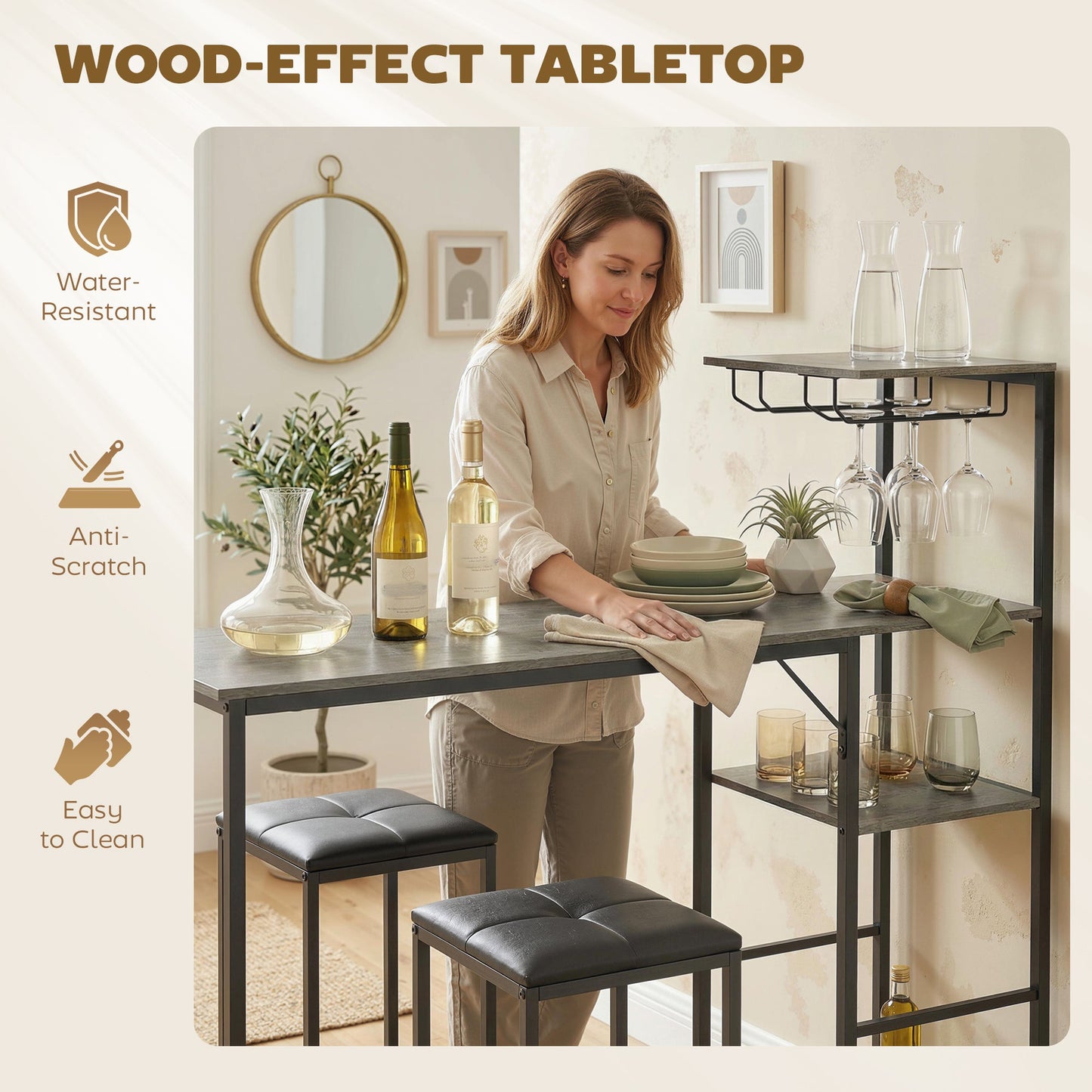 3 Piece Breakfast Bar Table and Stools Set, Dining Table with 4-tier shelving and Glasses Holders, 2 PU Leather Bar Stools with Footrest for Kitchen, Dining Room, Pub, Washed Grey