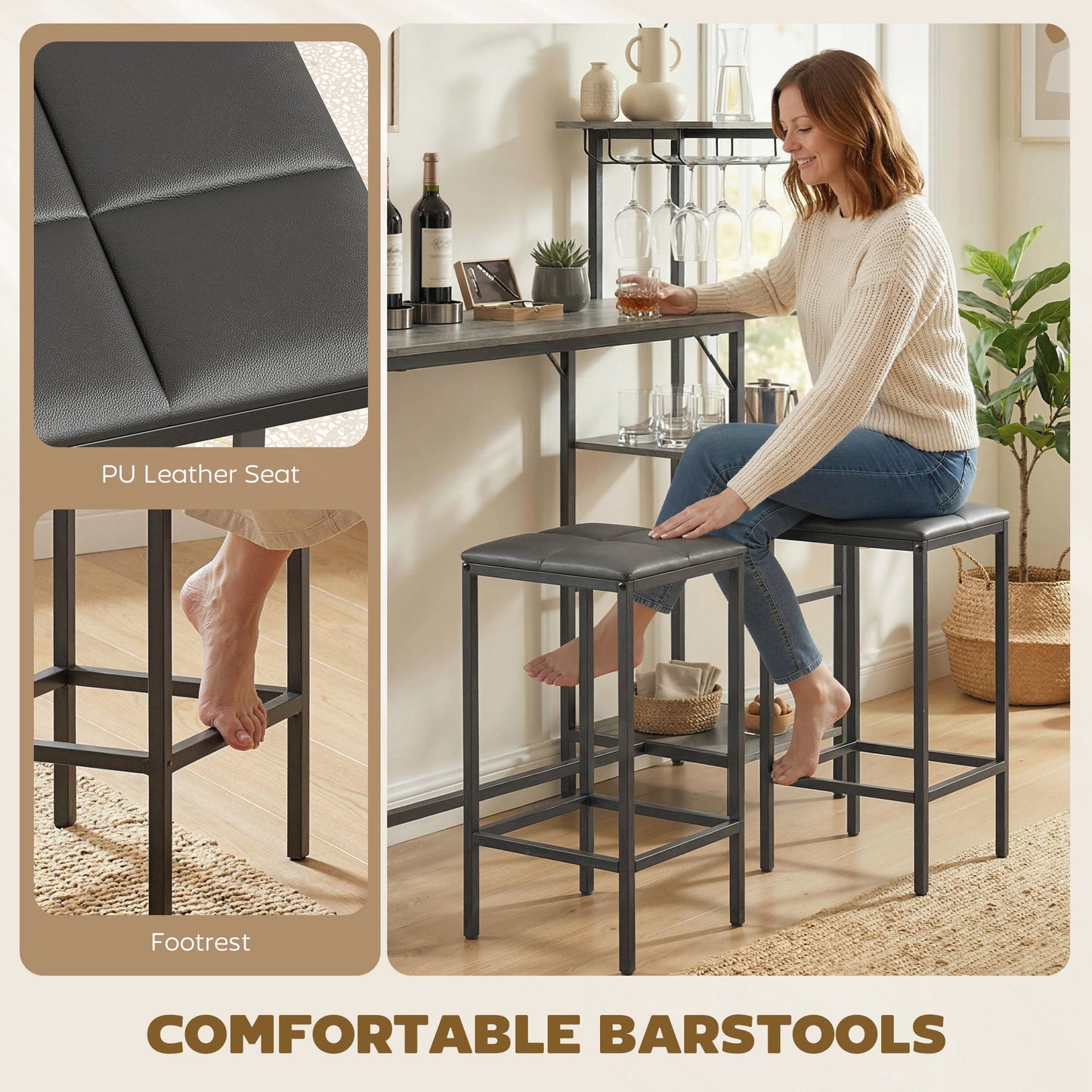 3 Piece Breakfast Bar Table and Stools Set, Dining Table with 4-tier shelving and Glasses Holders, 2 PU Leather Bar Stools with Footrest for Kitchen, Dining Room, Pub, Washed Grey