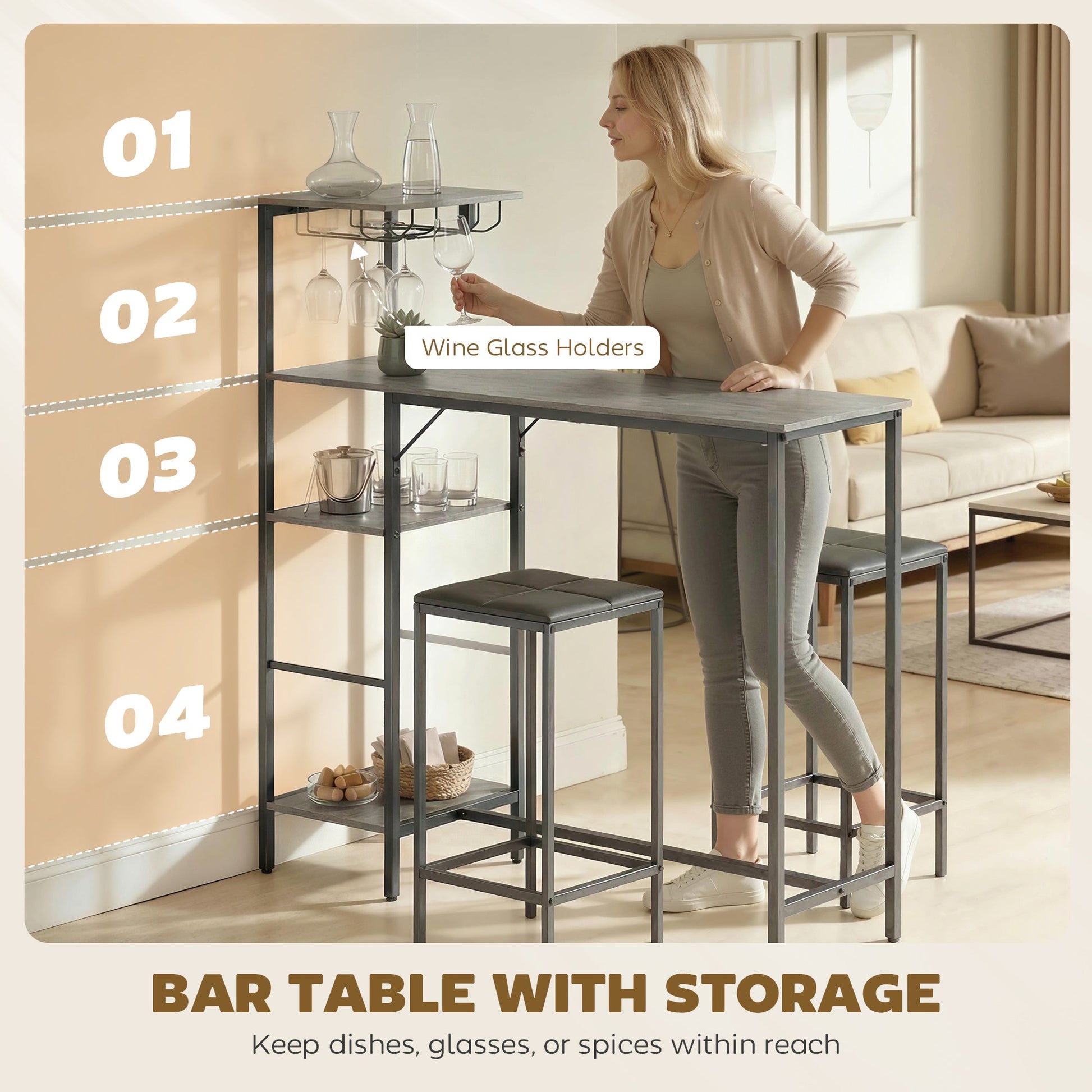 3 Piece Breakfast Bar Table and Stools Set, Dining Table with 4-tier shelving and Glasses Holders, 2 PU Leather Bar Stools with Footrest for Kitchen, Dining Room, Pub, Washed Grey
