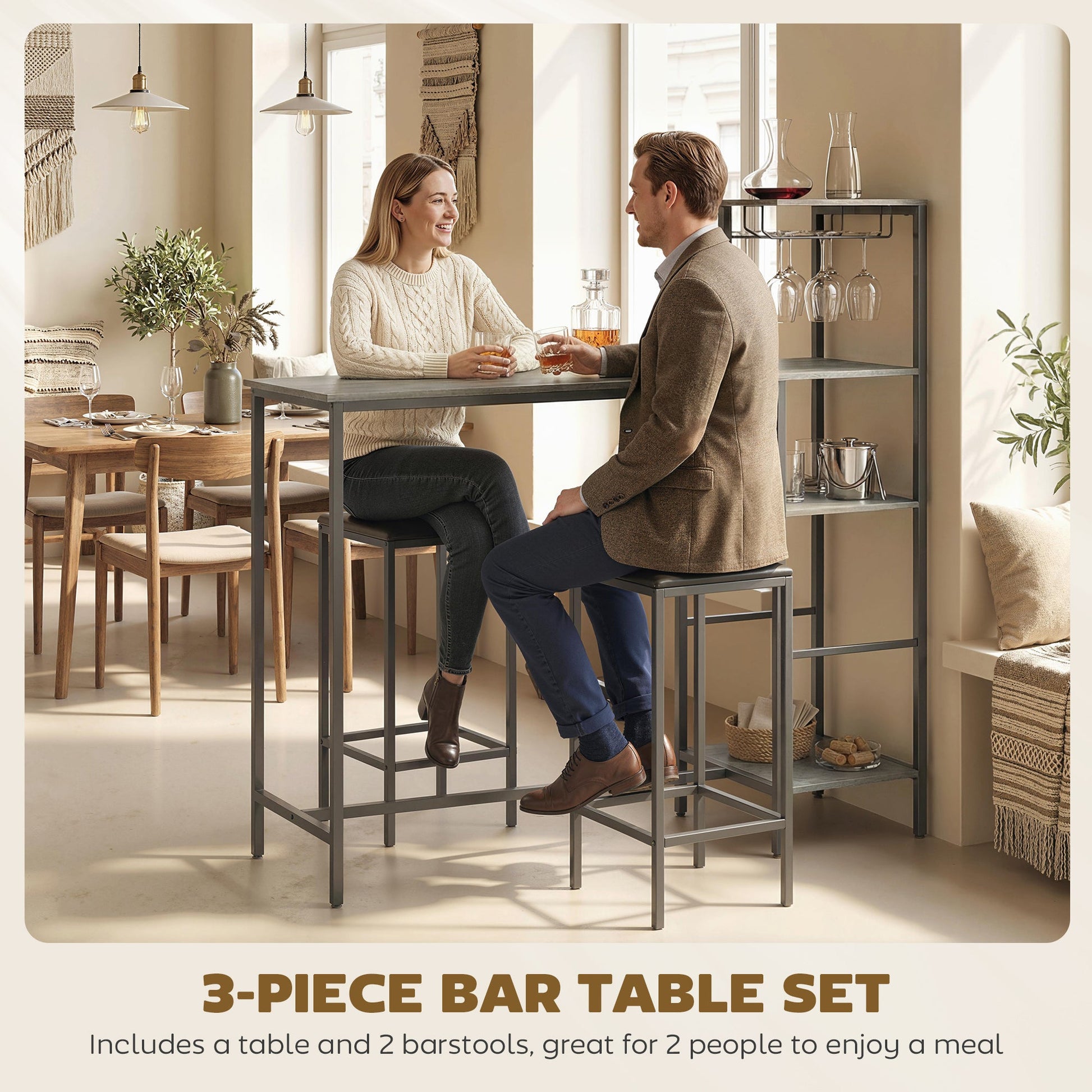 3 Piece Breakfast Bar Table and Stools Set, Dining Table with 4-tier shelving and Glasses Holders, 2 PU Leather Bar Stools with Footrest for Kitchen, Dining Room, Pub, Washed Grey