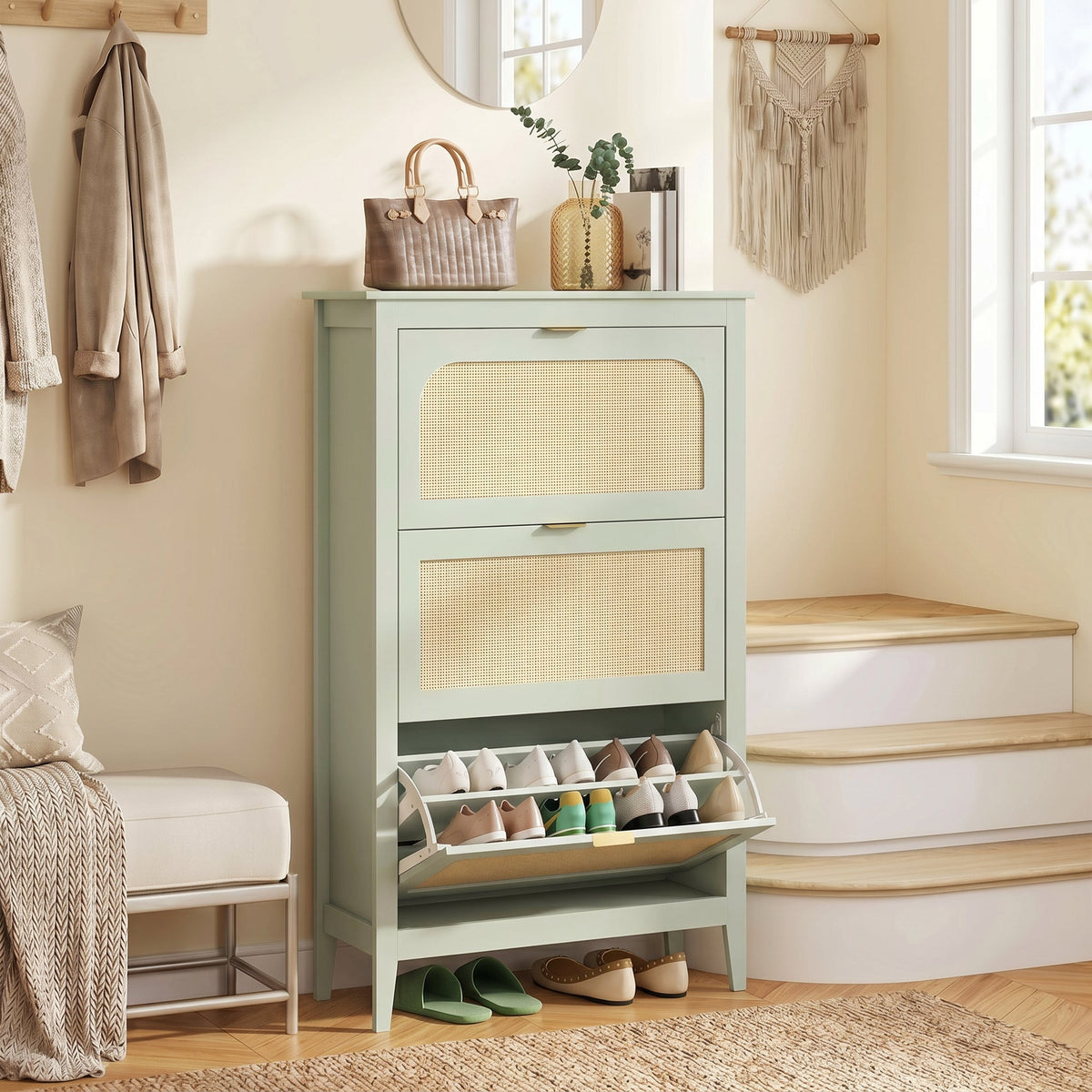 Shoe Storage Cabinet with 3 Flip Drawers, Boho Slim Shoe Cabinet with Rattan Doors for Entryway, Hallway, Holds 21 Pairs, Light Green