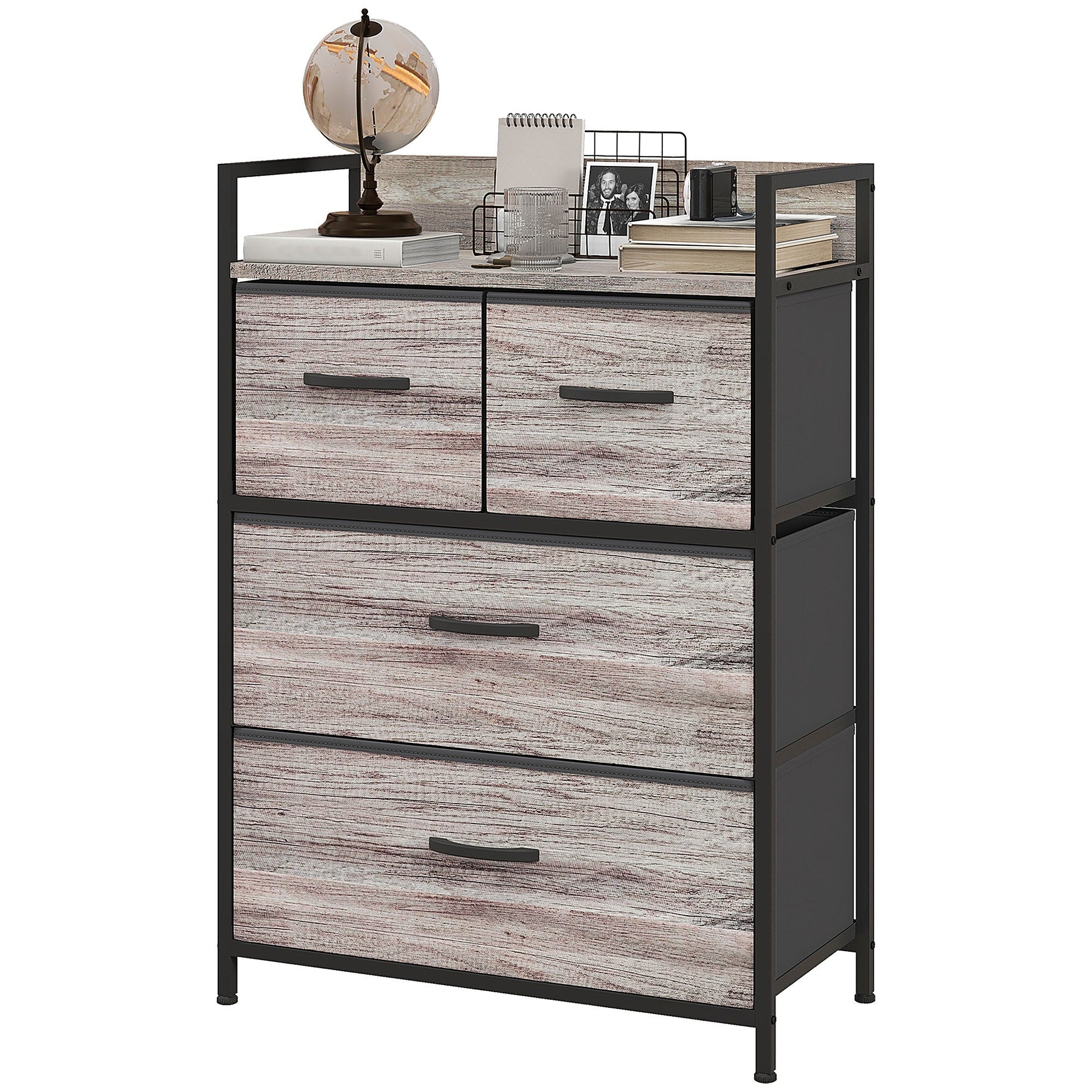 HOMCOM Bedroom Chest of Drawers, Fabric Dresser with 4 Drawers, Storage Organiser Unit with Open Shelf and Metal Frame for Living Room, Entryway, Grey Wood Effect