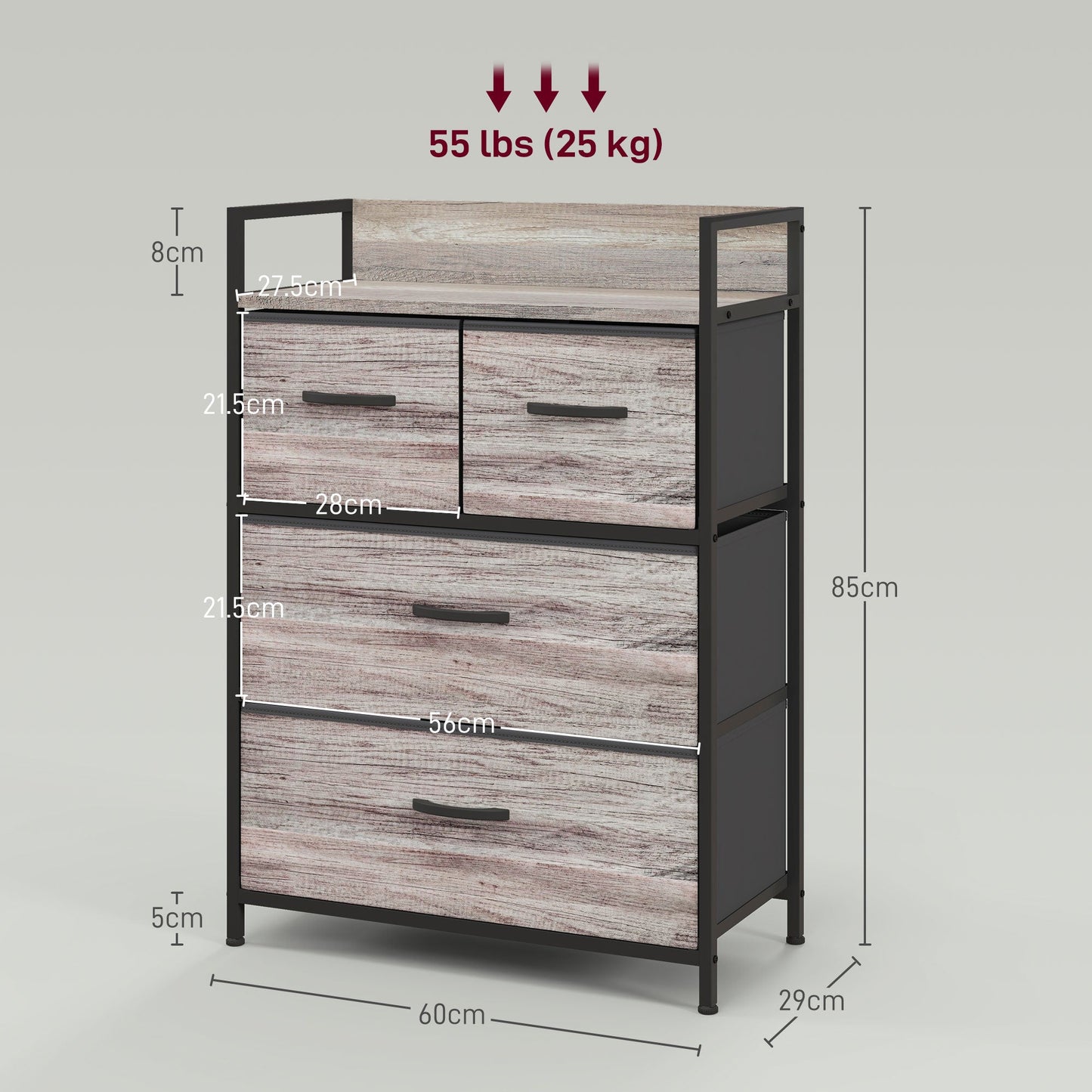 HOMCOM Bedroom Chest of Drawers, Fabric Dresser with 4 Drawers, Storage Organiser Unit with Open Shelf and Metal Frame for Living Room, Entryway, Grey Wood Effect