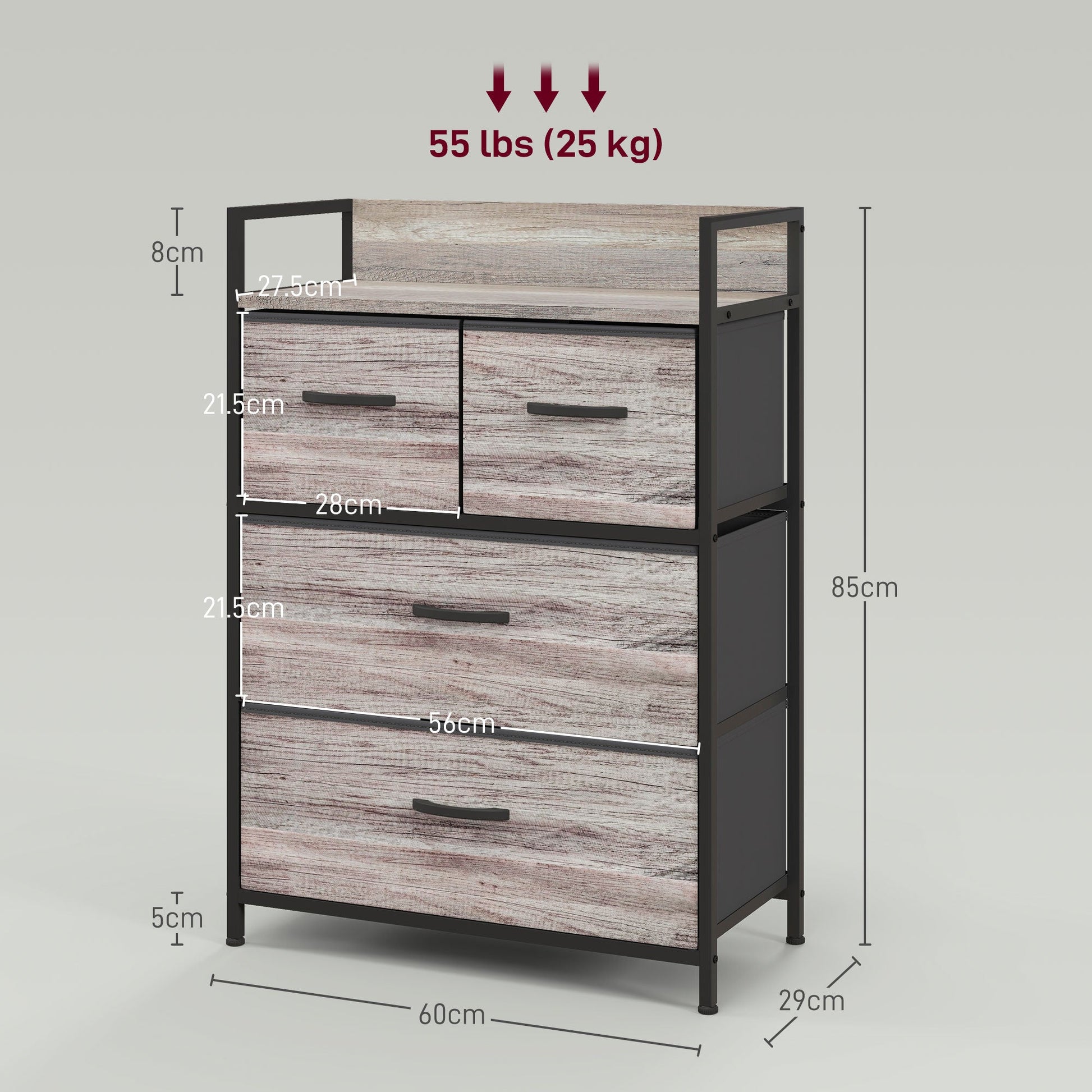 HOMCOM Bedroom Chest of Drawers, Fabric Dresser with 4 Drawers, Storage Organiser Unit with Open Shelf and Metal Frame for Living Room, Entryway, Grey Wood Effect