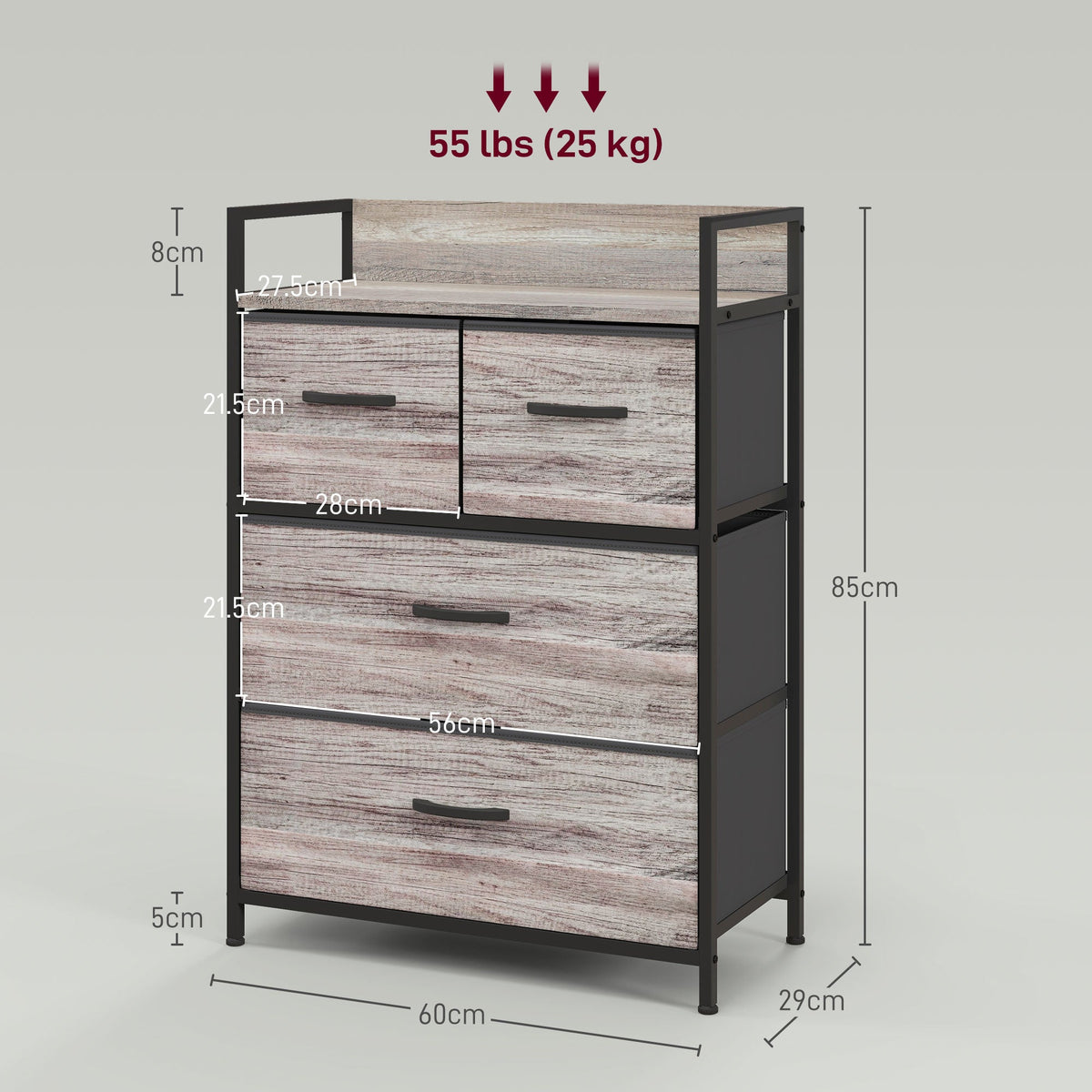 Bedroom Chest of Drawers, Fabric Dresser with 4 Drawers, Storage Organiser Unit with Open Shelf and Metal Frame for Living Room, Entryway, Grey Wood Effect