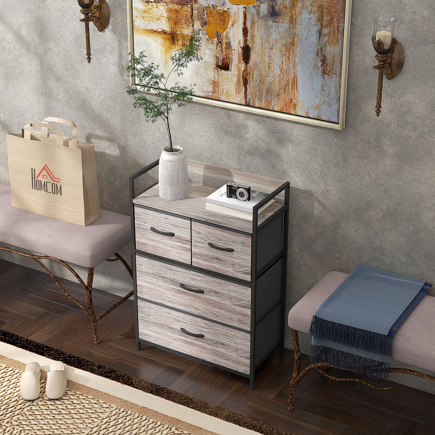 HOMCOM Bedroom Chest of Drawers, Fabric Dresser with 4 Drawers, Storage Organiser Unit with Open Shelf and Metal Frame for Living Room, Entryway, Grey Wood Effect