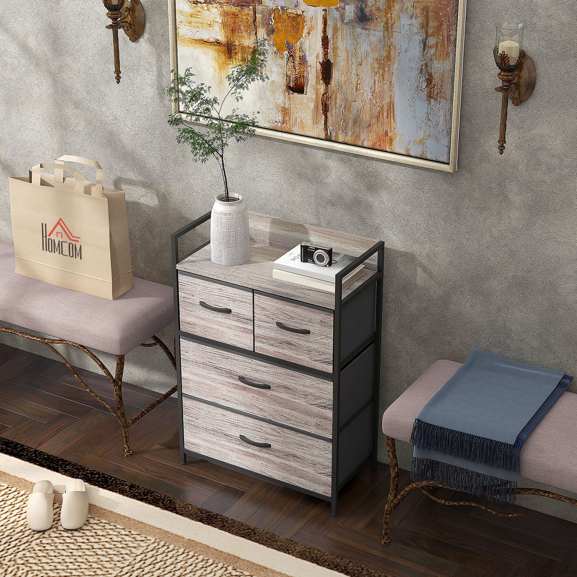 HOMCOM Bedroom Chest of Drawers, Fabric Dresser with 4 Drawers, Storage Organiser Unit with Open Shelf and Metal Frame for Living Room, Entryway, Grey Wood Effect
