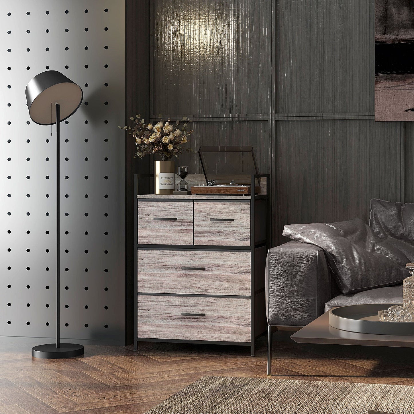 Bedroom Chest of Drawers, Fabric Dresser with 4 Drawers, Storage Organiser Unit with Open Shelf and Metal Frame for Living Room, Entryway, Grey Wood Effect