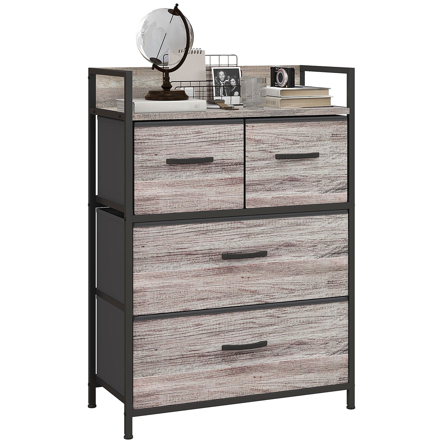 Bedroom Chest of Drawers, Fabric Dresser with 4 Drawers, Storage Organiser Unit with Open Shelf and Metal Frame for Living Room, Entryway, Grey Wood Effect