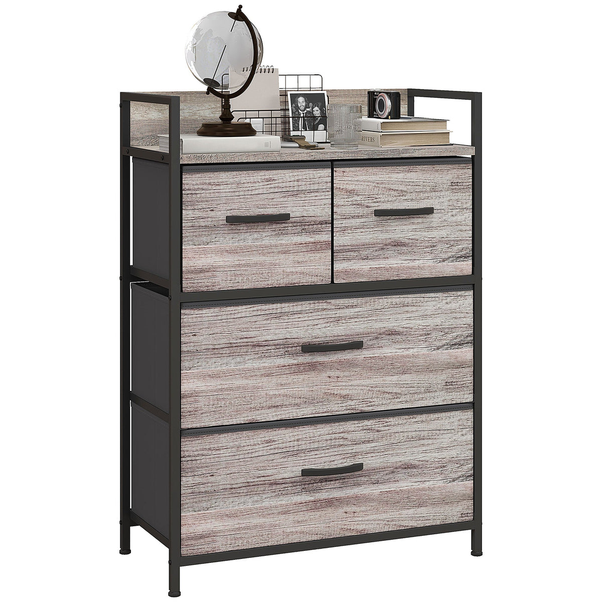 Bedroom Chest of Drawers, Fabric Dresser with 4 Drawers, Storage Organiser Unit with Open Shelf and Metal Frame for Living Room, Entryway, Grey Wood Effect
