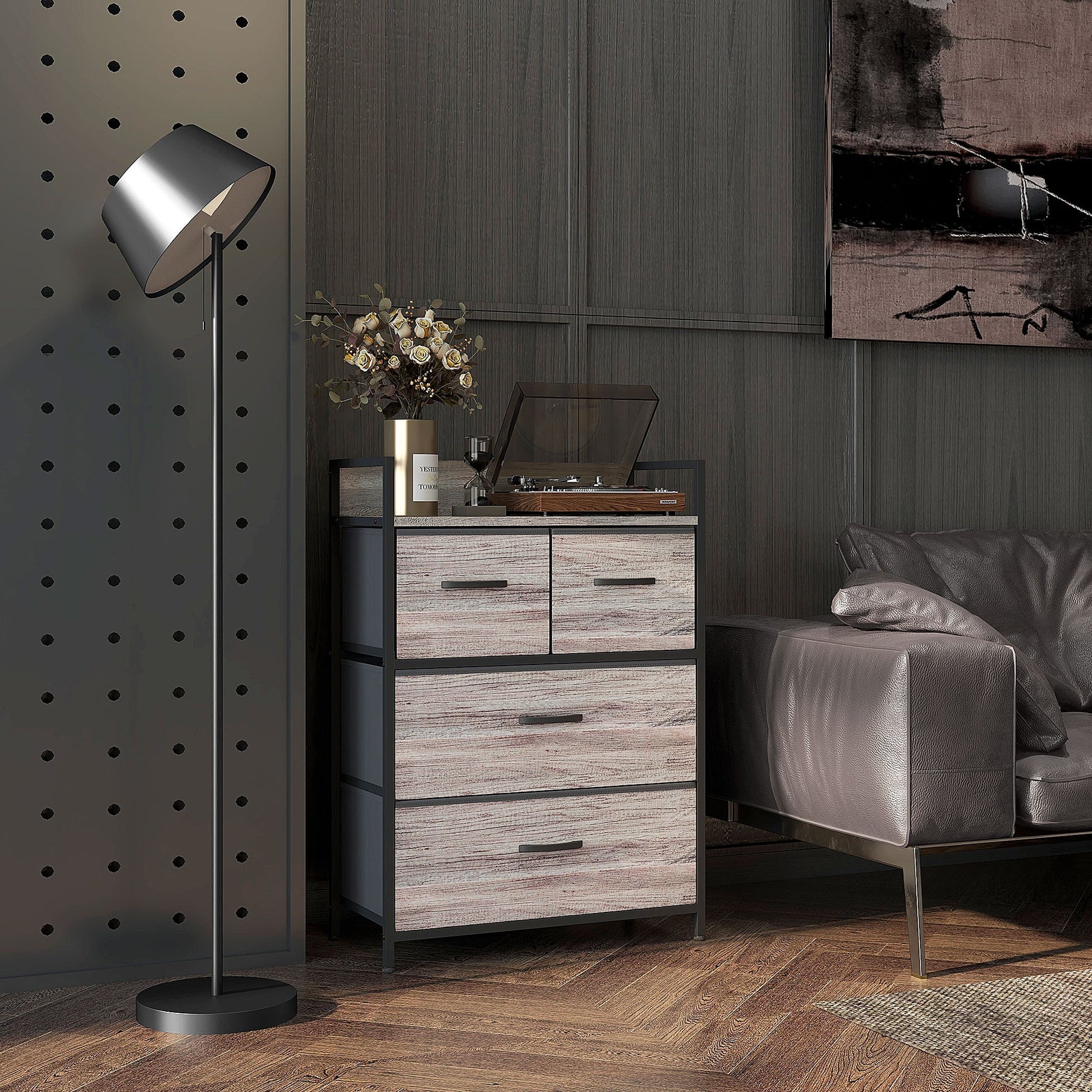 HOMCOM Bedroom Chest of Drawers, Fabric Dresser with 4 Drawers, Storage Organiser Unit with Open Shelf and Metal Frame for Living Room, Entryway, Grey Wood Effect