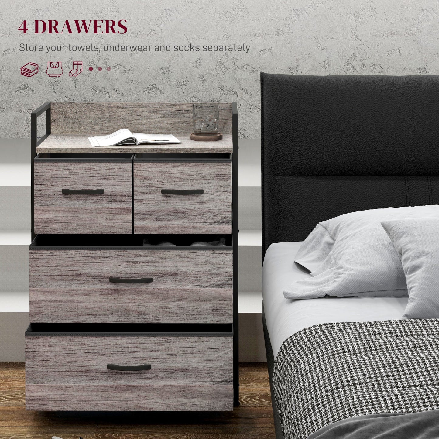 HOMCOM Bedroom Chest of Drawers, Fabric Dresser with 4 Drawers, Storage Organiser Unit with Open Shelf and Metal Frame for Living Room, Entryway, Grey Wood Effect