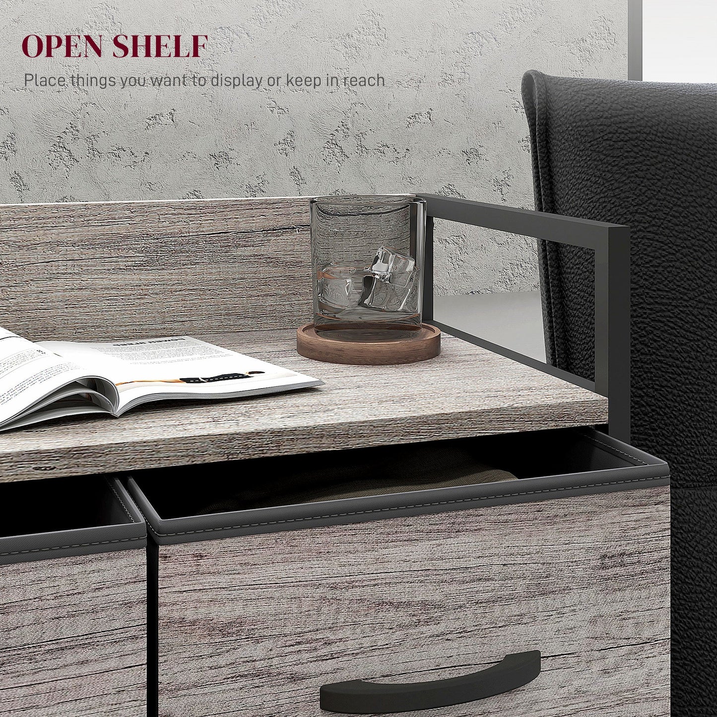 Bedroom Chest of Drawers, Fabric Dresser with 4 Drawers, Storage Organiser Unit with Open Shelf and Metal Frame for Living Room, Entryway, Grey Wood Effect