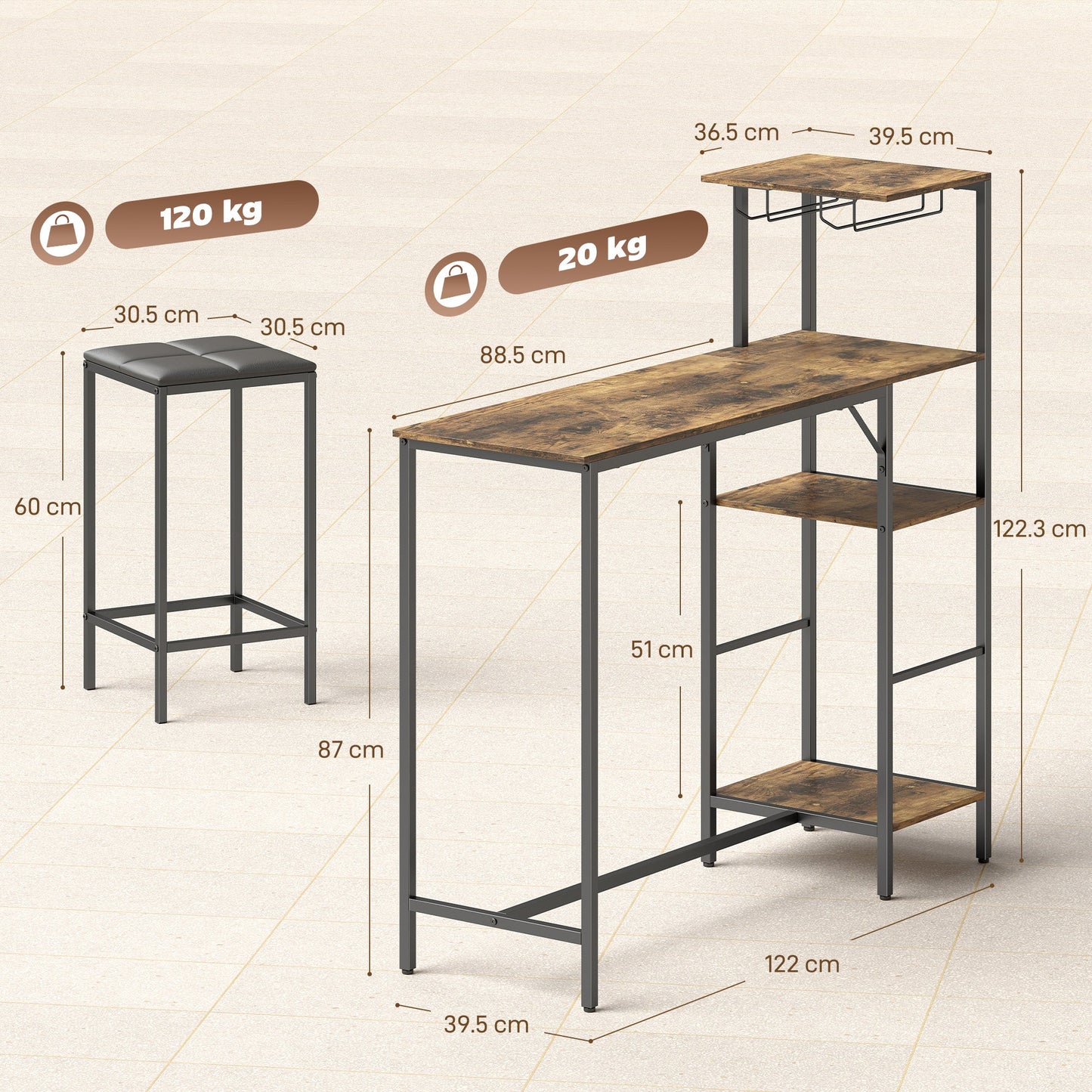 3 Piece Breakfast Bar Table and Stools Set, Dining Table with 4-tier shelving and Glasses Holders, 2 PU Leather Bar Stools with Footrest for Kitchen, Dining Room, Pub, Rustic Brown