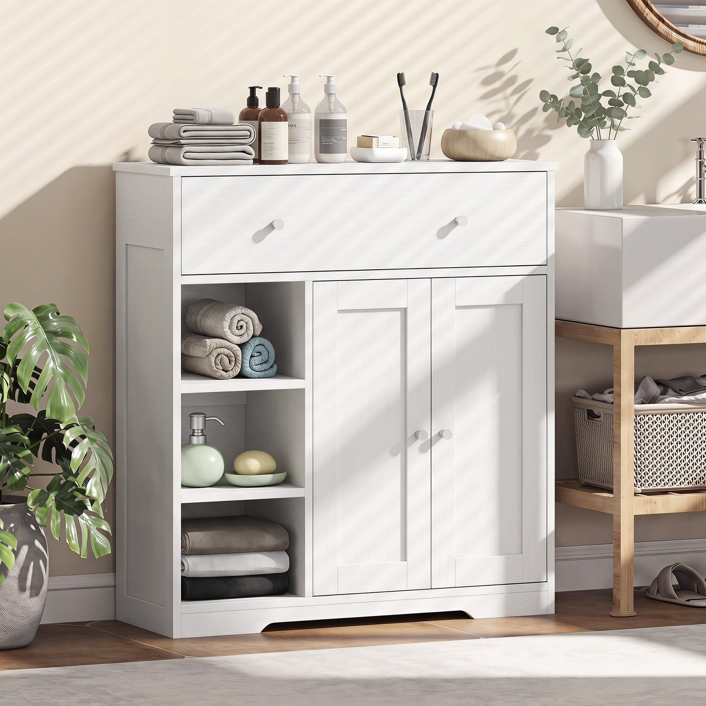 Bathroom Floor Cabinet, Freestanding Bathroom Cabinet with Drawer, Door, Open Shelves, for Bathroom, Bedroom and Living Room, White