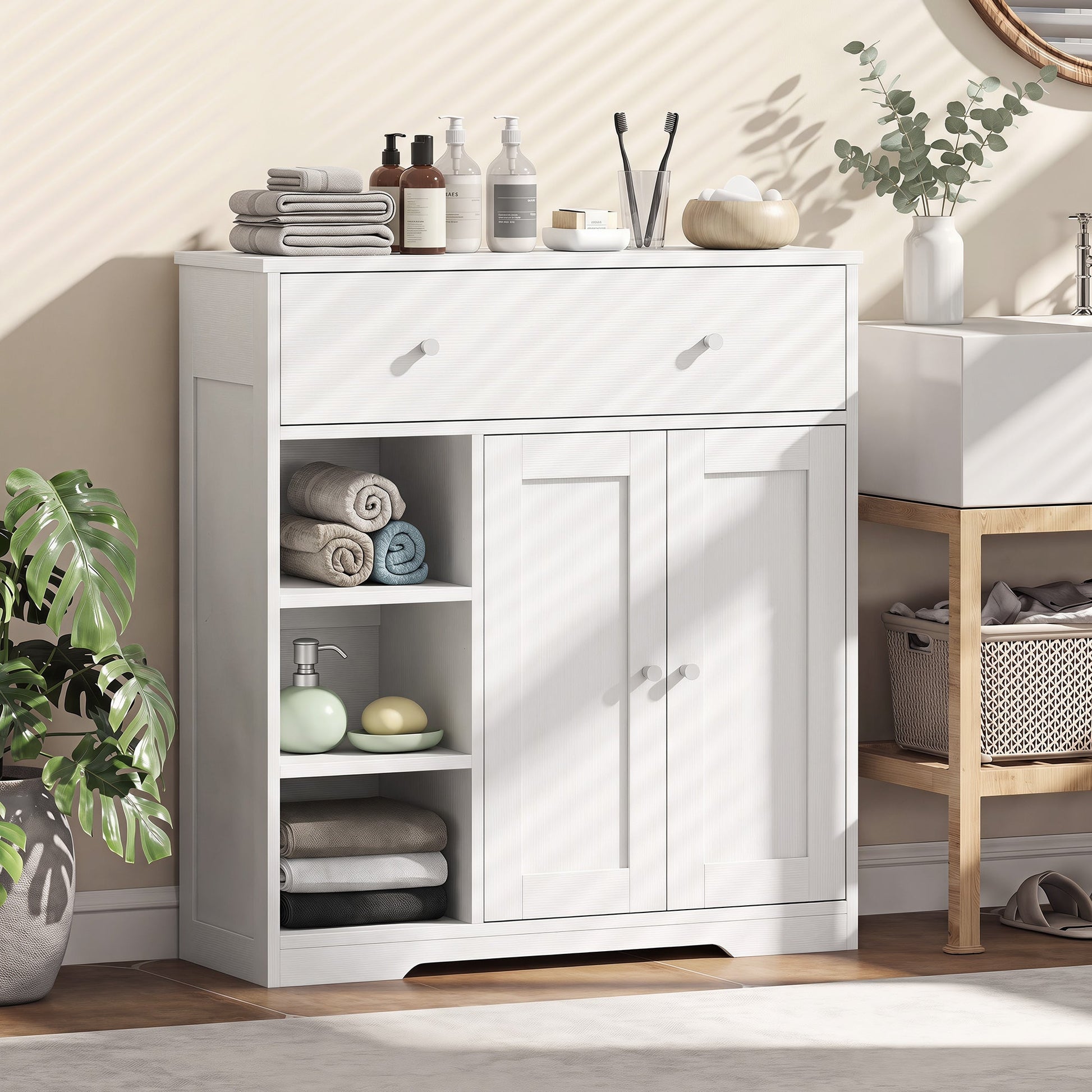 Bathroom Floor Cabinet, Freestanding Bathroom Cabinet with Drawer, Door, Open Shelves, for Bathroom, Bedroom and Living Room, White