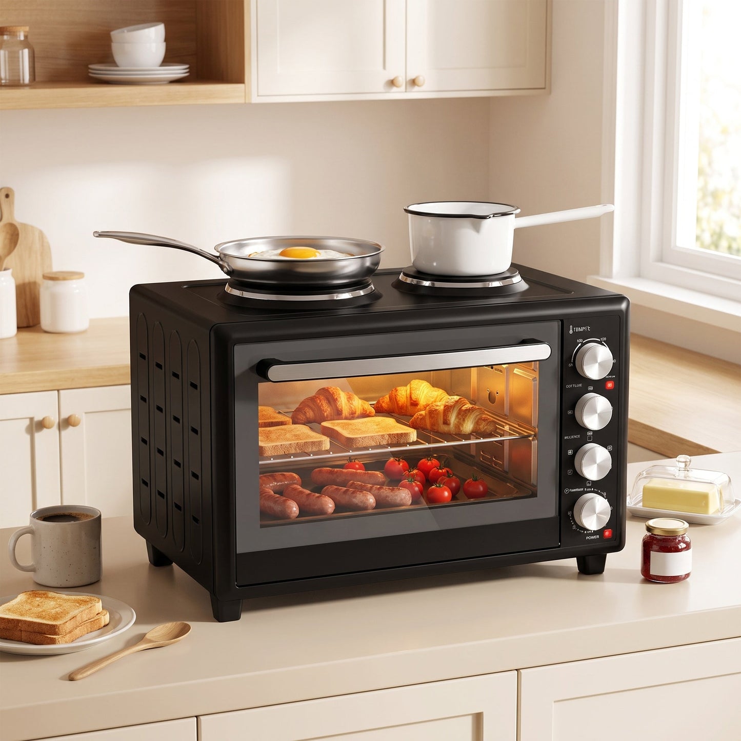 46L Mini Oven with Dual Hot Plates, Electric Countertop Cooker with Convection, 90–230°C Adjustable Temperature, 60 Minute Timer, Portable Oven with Wire Rack & Baking Tray, 1800W, Black