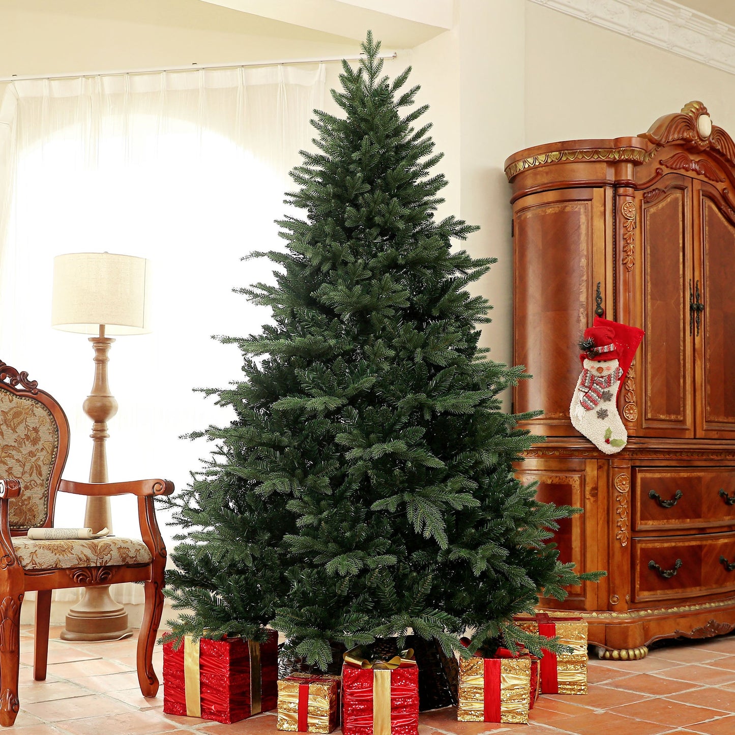 7ft Artificial Spurce Christmas Tree with 3116 Branch Tips and Foldable Steel Base, Realistic Hinged Xmas Tree for Home Office, Green