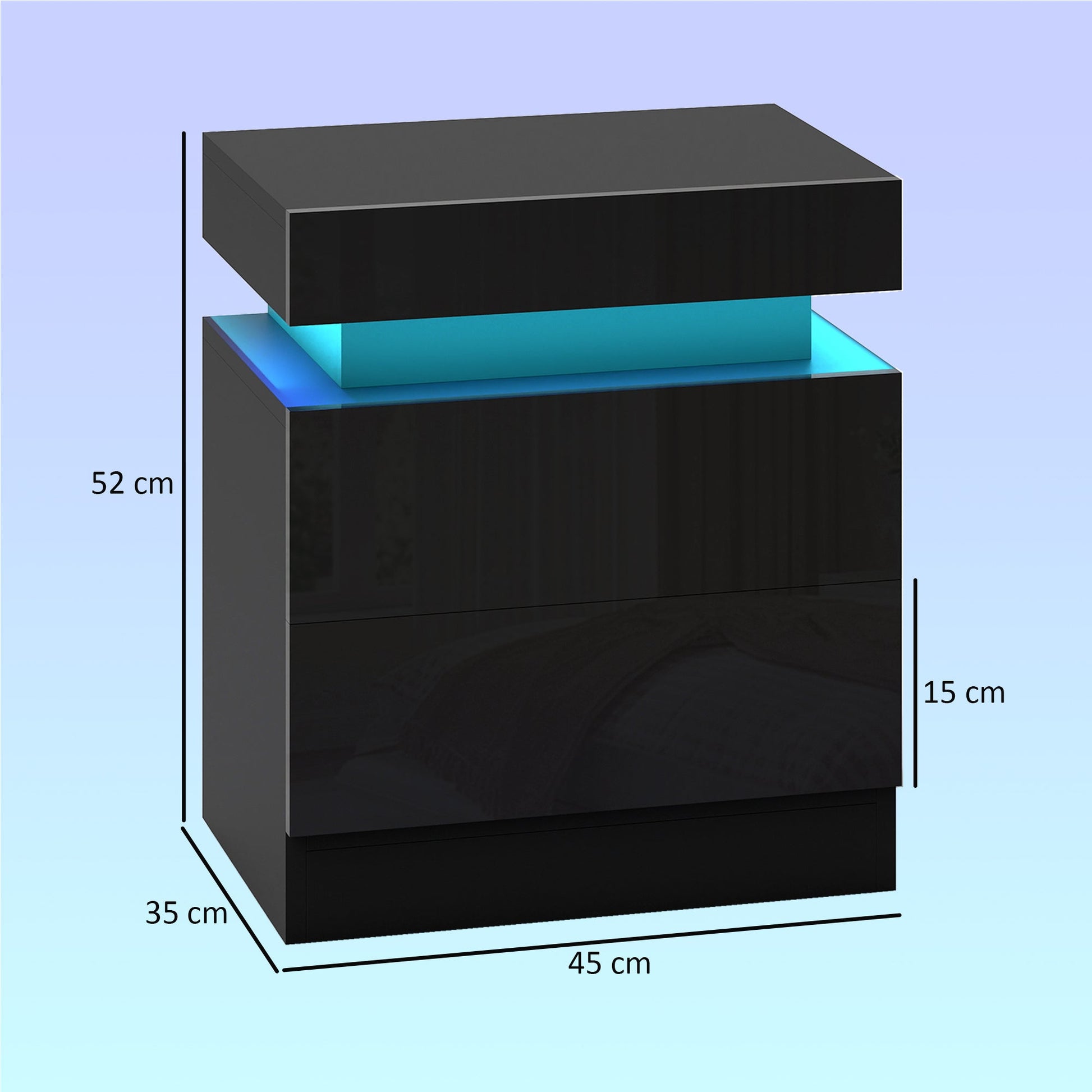 High Gloss Front Bedside Table, APP Control Nightstand with RGB LED Light and 2 Drawers, Chest of Drawers for Bedroom, Living Room, Set of 2, Black