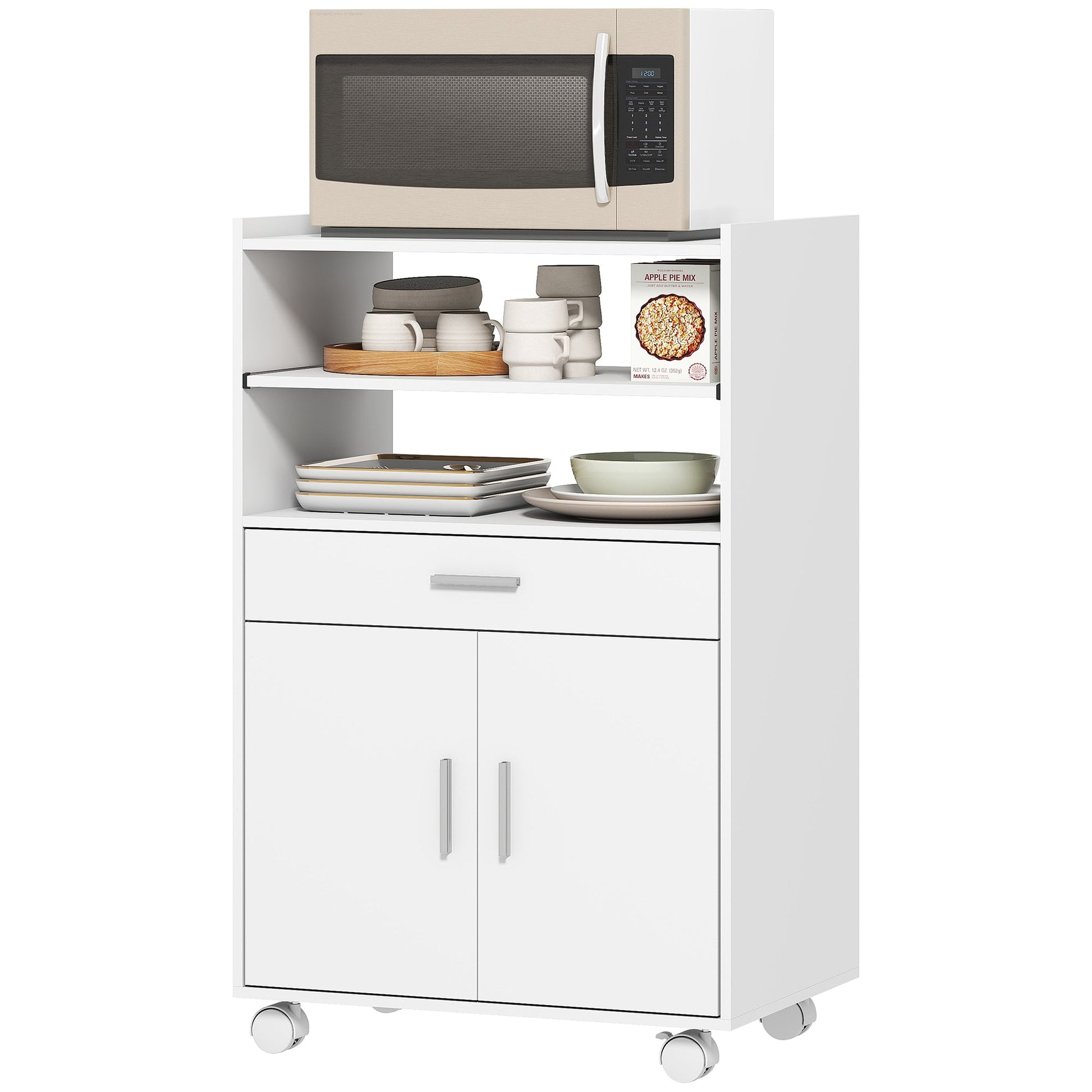 Kitchen Trolley with Wheels, Modern Mobile Microwave Stand with Slide-Out Shelf, Drawer and 2 Doors for Dining Room, 59 x 40 x 92 cm, White