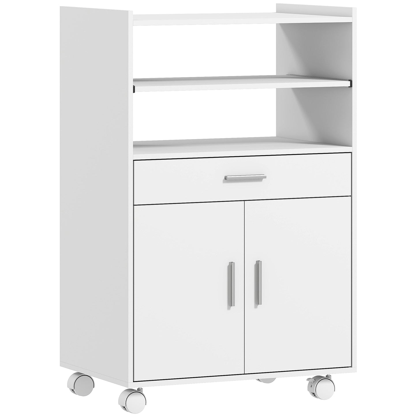 Kitchen Trolley with Wheels, Modern Mobile Microwave Stand with Slide-Out Shelf, Drawer and 2 Doors for Dining Room, 59 x 40 x 92 cm, White