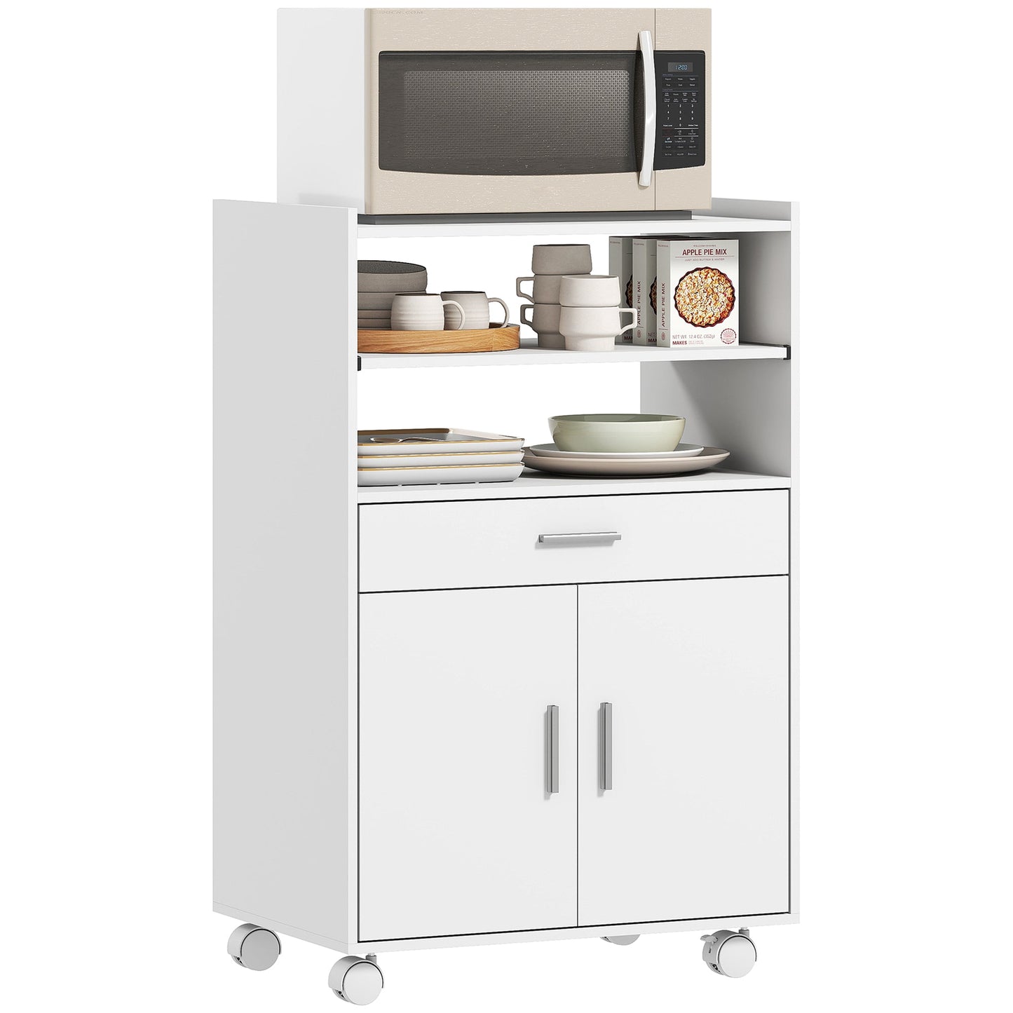 Kitchen Trolley with Wheels, Modern Mobile Microwave Stand with Slide-Out Shelf, Drawer and 2 Doors for Dining Room, 59 x 40 x 92 cm, White