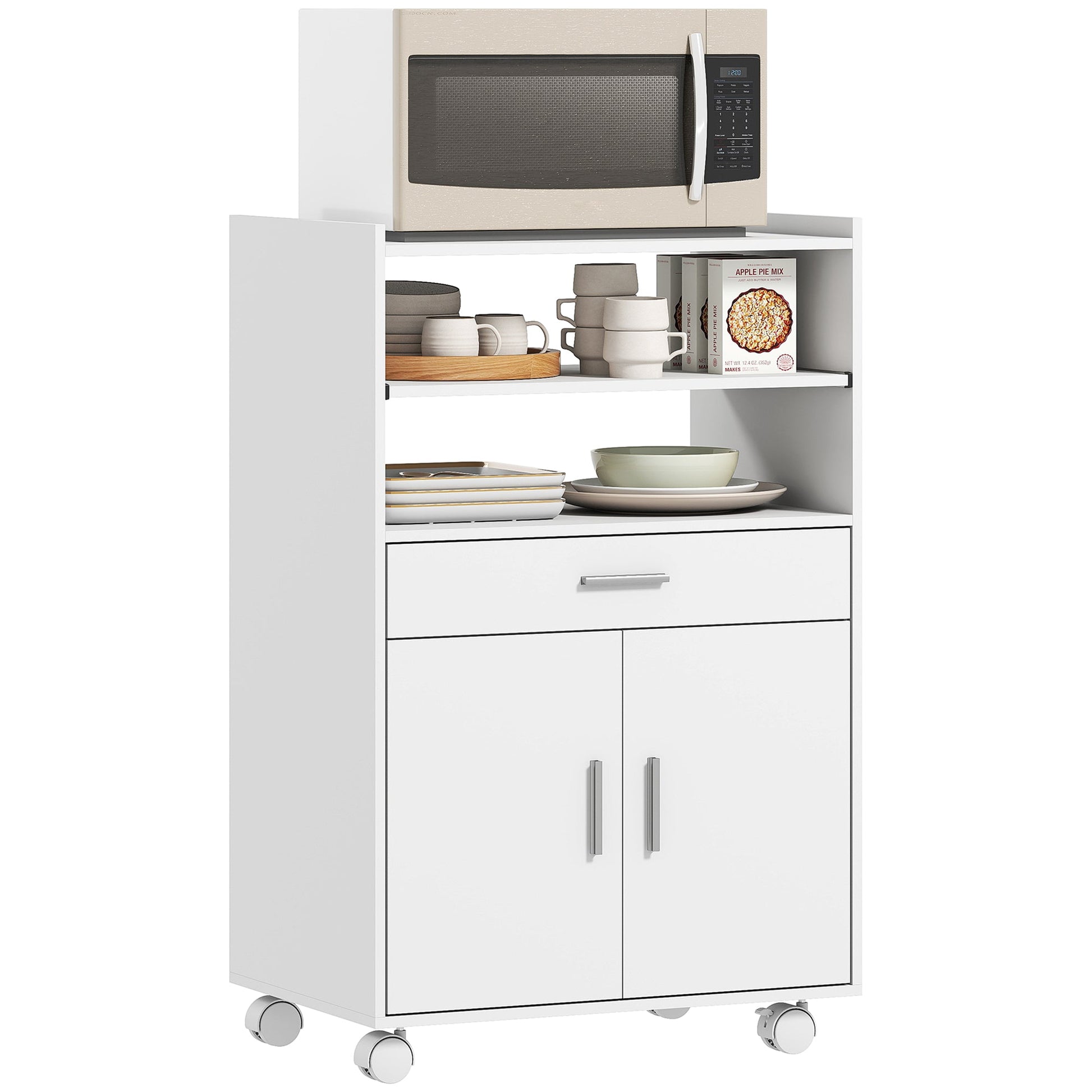 Kitchen Trolley with Wheels, Modern Mobile Microwave Stand with Slide-Out Shelf, Drawer and 2 Doors for Dining Room, 59 x 40 x 92 cm, White