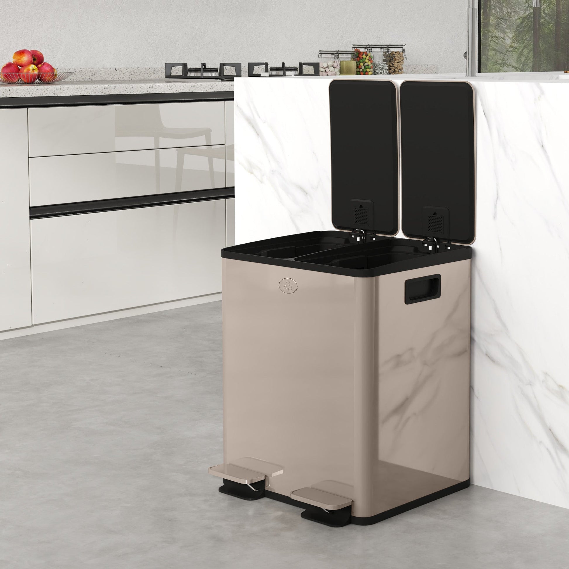 HOMCOM Dual Kitchen Bin, 2 x 20L Pedal Bin, Stainless Steel Double Rubbish Bin with Soft Close Lid, Removable Inner Buckets, Fingerprint-Proof for Recycling and Waste, Gold Tone
