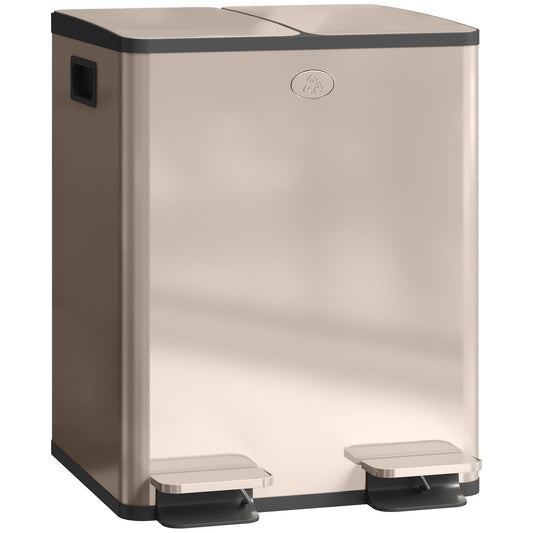 HOMCOM Dual Kitchen Bin, 2 x 20L Pedal Bin, Stainless Steel Double Rubbish Bin with Soft Close Lid, Removable Inner Buckets, Fingerprint-Proof for Recycling and Waste, Gold Tone
