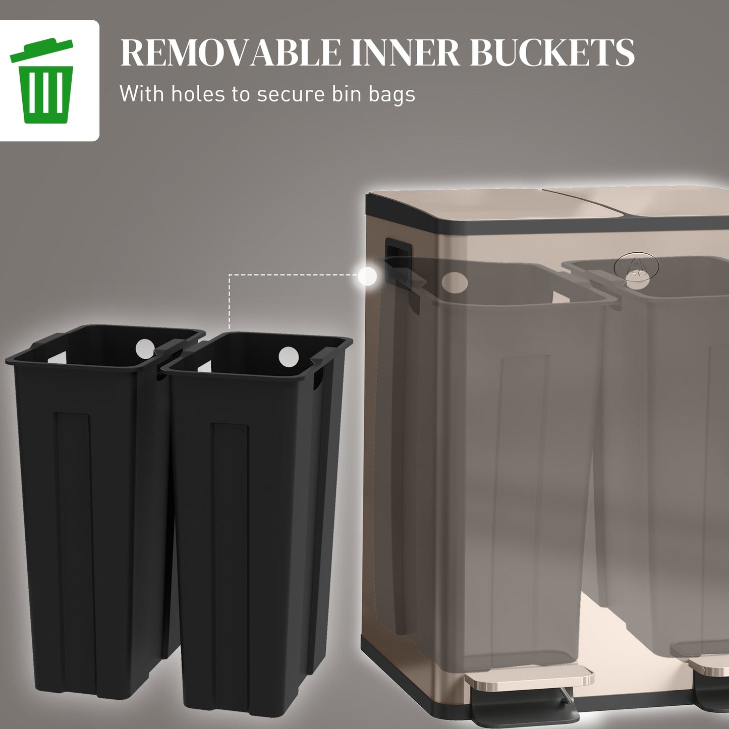 HOMCOM Dual Kitchen Bin, 2 x 20L Pedal Bin, Stainless Steel Double Rubbish Bin with Soft Close Lid, Removable Inner Buckets, Fingerprint-Proof for Recycling and Waste, Gold Tone
