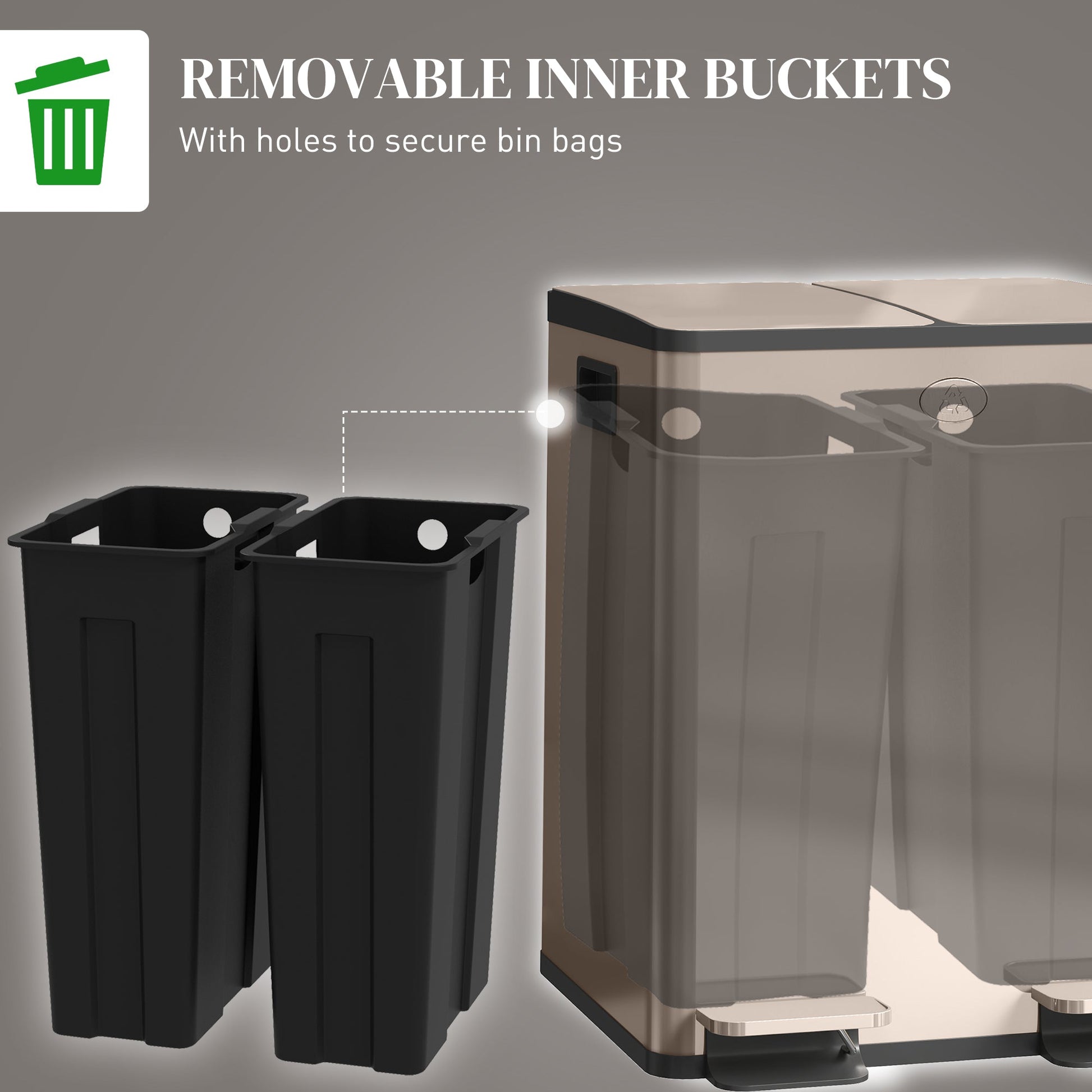 HOMCOM Dual Kitchen Bin, 2 x 20L Pedal Bin, Stainless Steel Double Rubbish Bin with Soft Close Lid, Removable Inner Buckets, Fingerprint-Proof for Recycling and Waste, Gold Tone