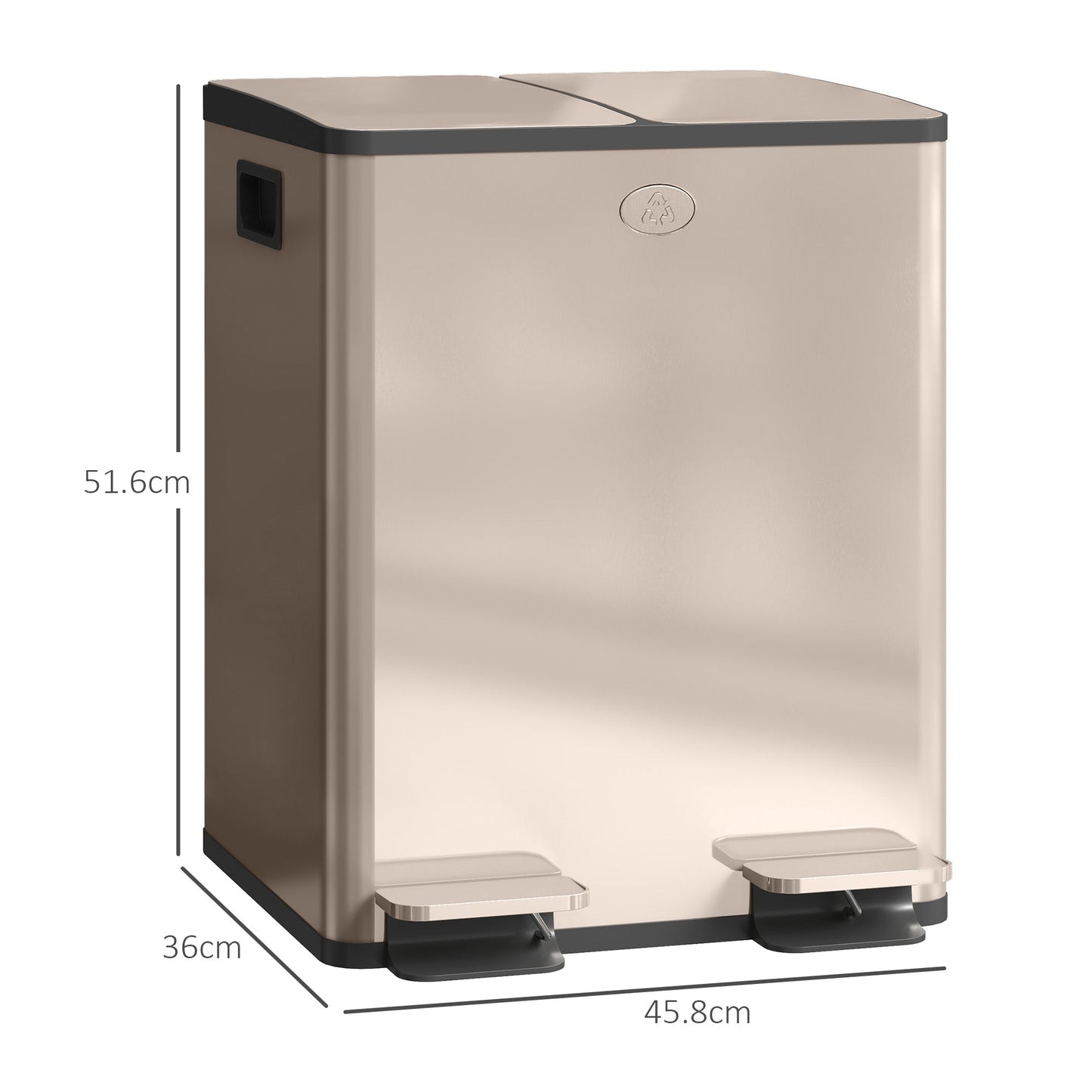 HOMCOM Dual Kitchen Bin, 2 x 20L Pedal Bin, Stainless Steel Double Rubbish Bin with Soft Close Lid, Removable Inner Buckets, Fingerprint-Proof for Recycling and Waste, Gold Tone