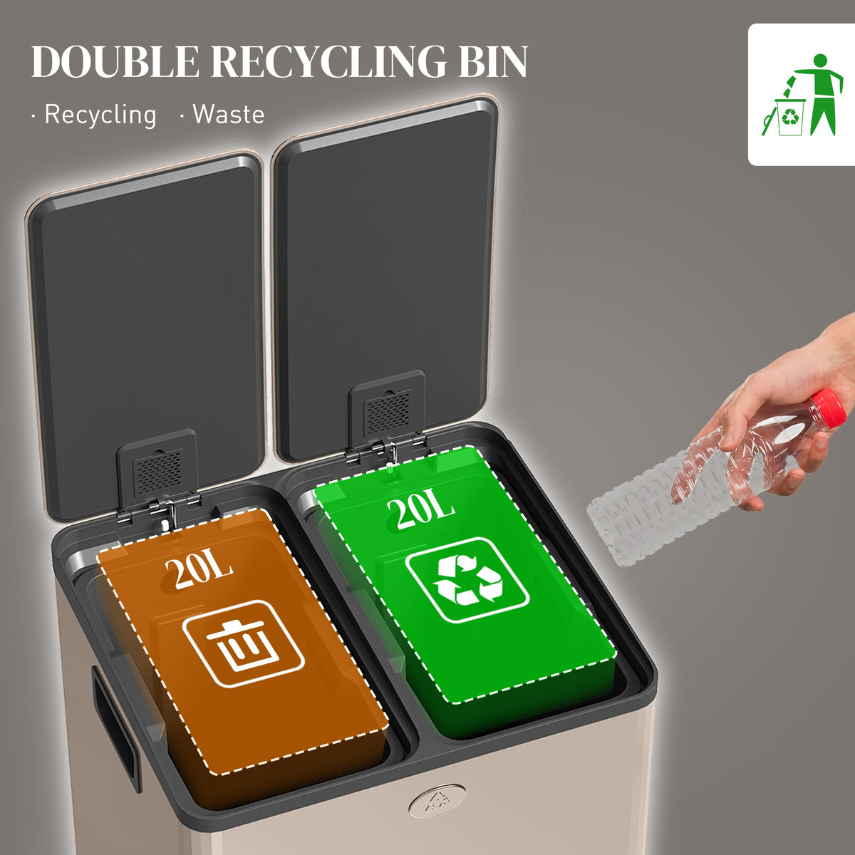 HOMCOM Dual Kitchen Bin, 2 x 20L Pedal Bin, Stainless Steel Double Rubbish Bin with Soft Close Lid, Removable Inner Buckets, Fingerprint-Proof for Recycling and Waste, Gold Tone