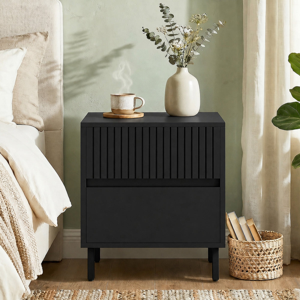 Bedside Table, Side Table with 2 Drawers, Bedside Cabinet with Storage and Steel Legs for Bedroom, Living Room, Black