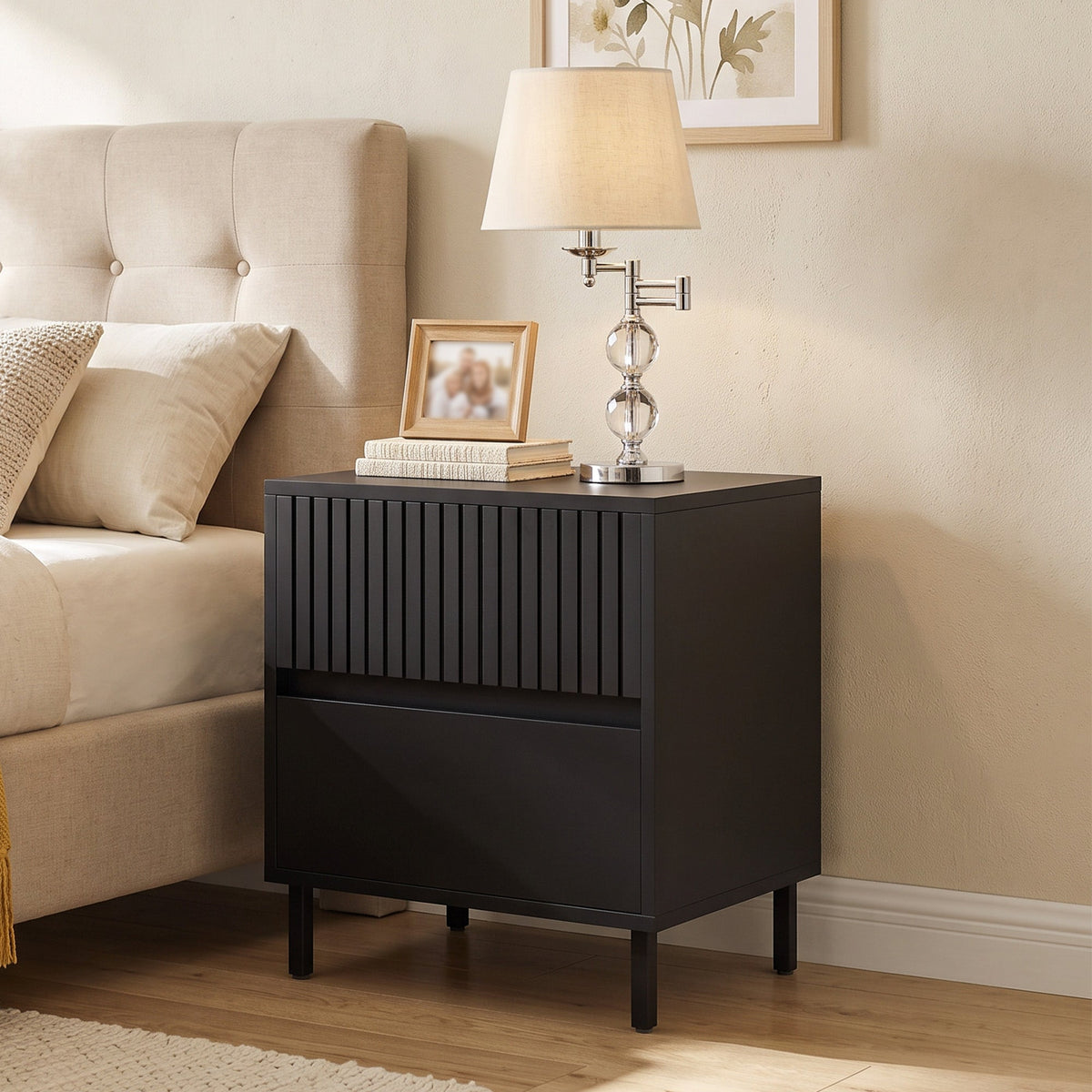 Bedside Table, Side Table with 2 Drawers, Bedside Cabinet with Storage and Steel Legs for Bedroom, Living Room, Black