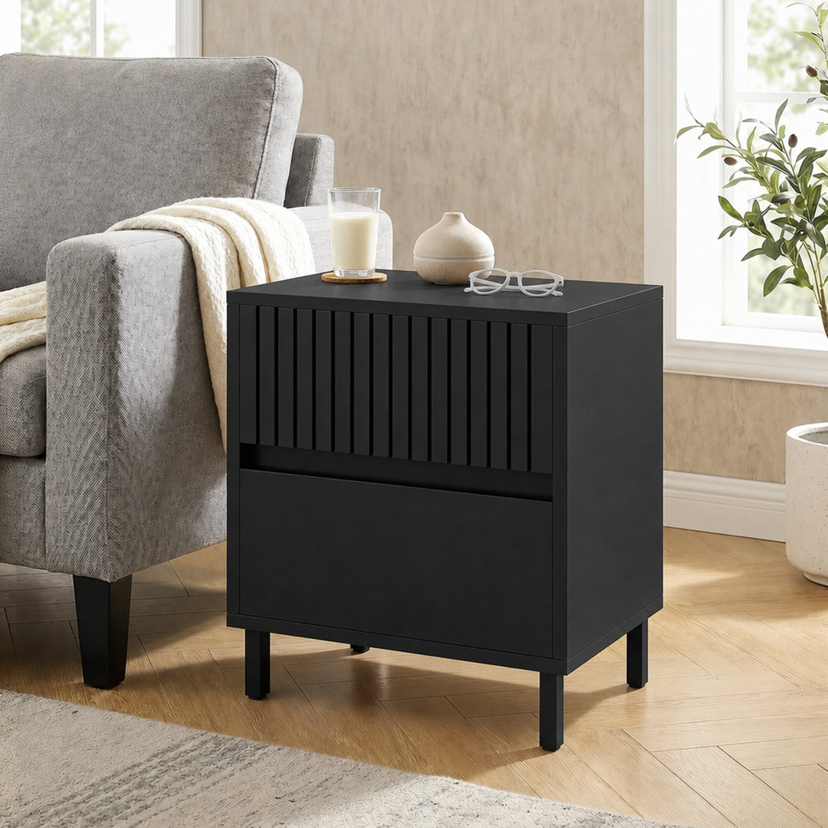 Bedside Table, Side Table with 2 Drawers, Bedside Cabinet with Storage and Steel Legs for Bedroom, Living Room, Black