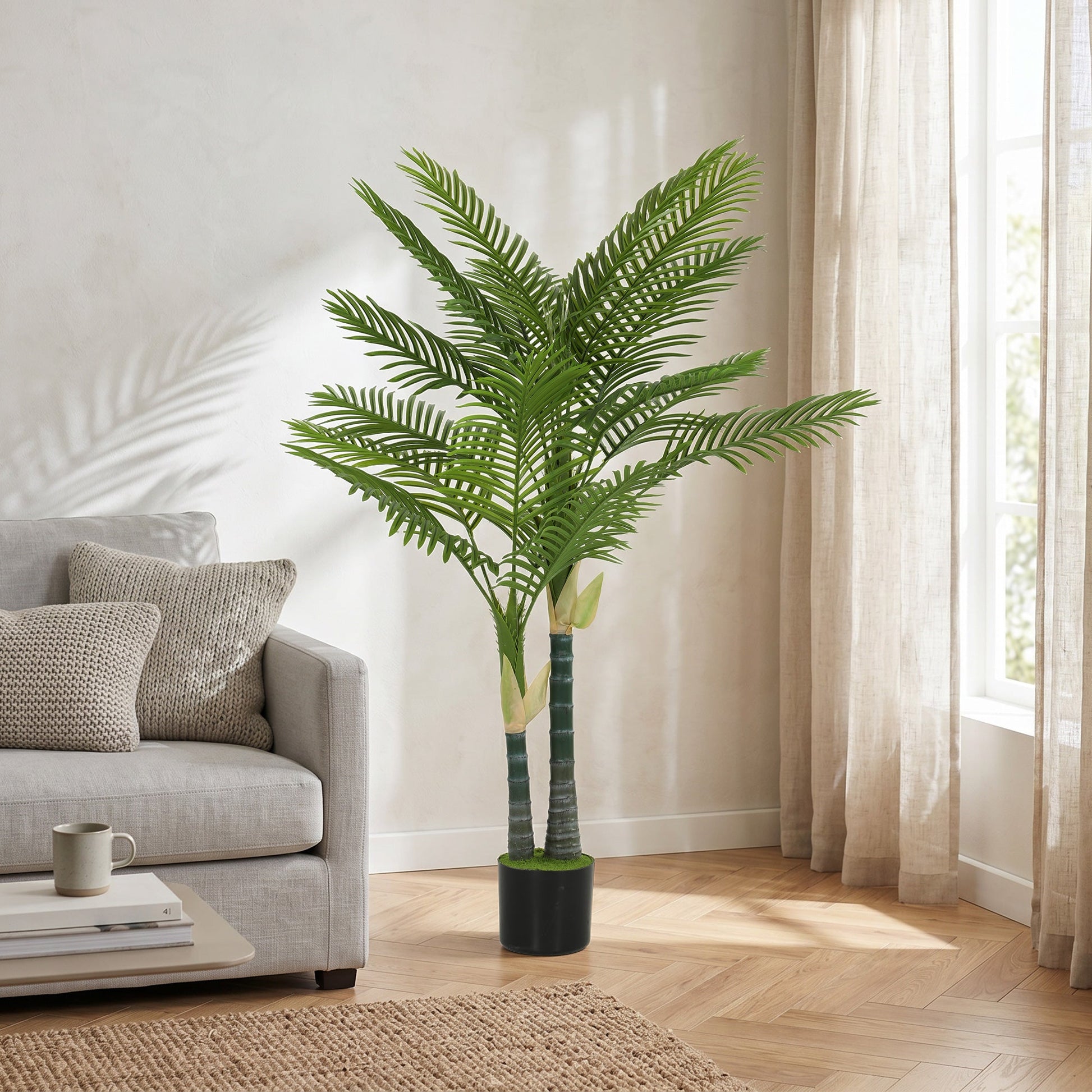 150cm Artificial Palm Tree with 16 PEVA Leaves in Pot, Decorative Artificial Plant with UV-resistant and Moss Effect, Fake Plant for Home Office Decor, Green