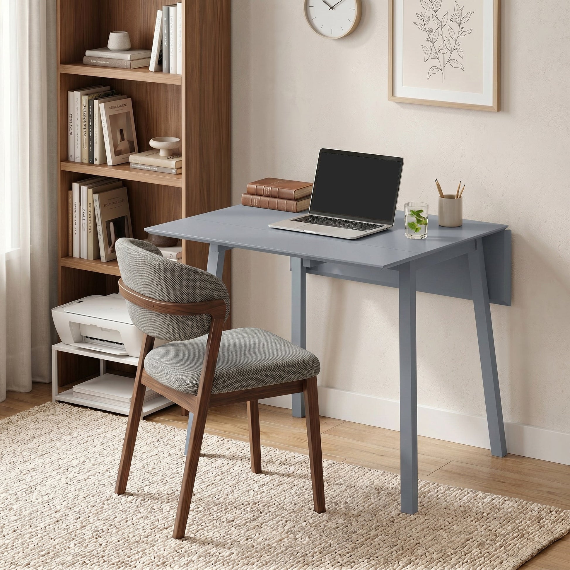 Solid Wood Folding Dining Table, Drop Leaf Table for 2-4 People,  Rectangle Kitchen Table for Small Space, Grey