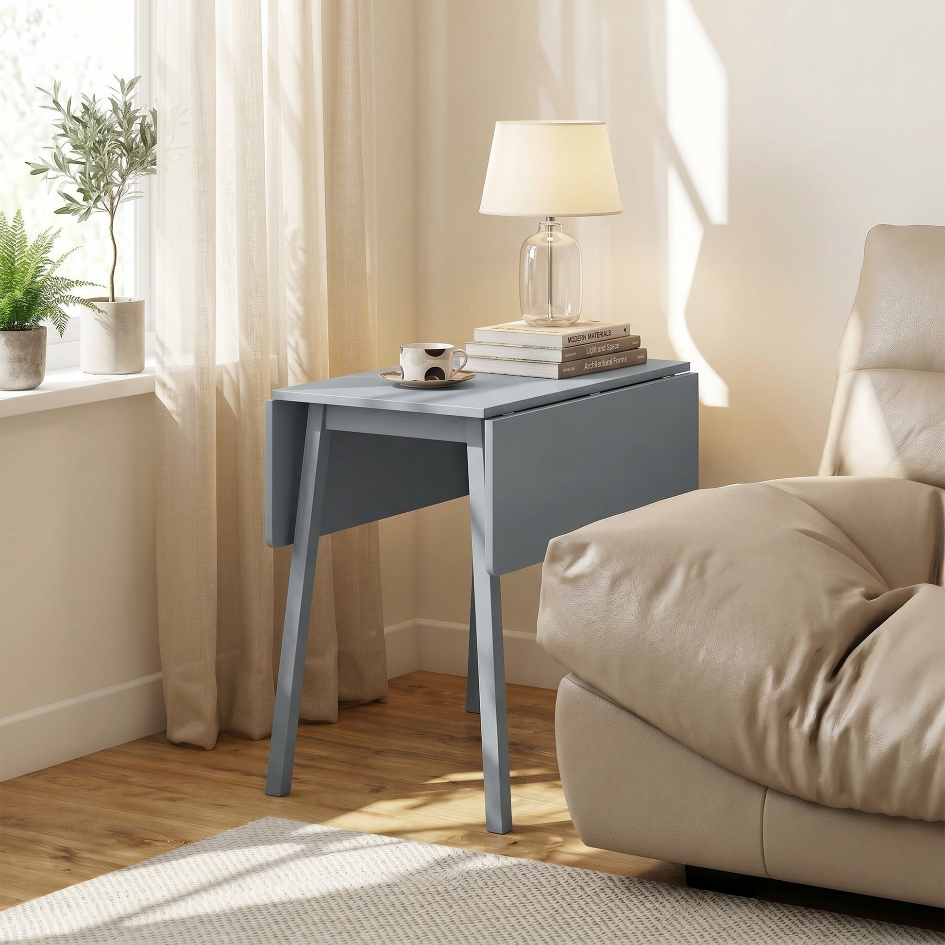 Solid Wood Folding Dining Table, Drop Leaf Table for 2-4 People,  Rectangle Kitchen Table for Small Space, Grey