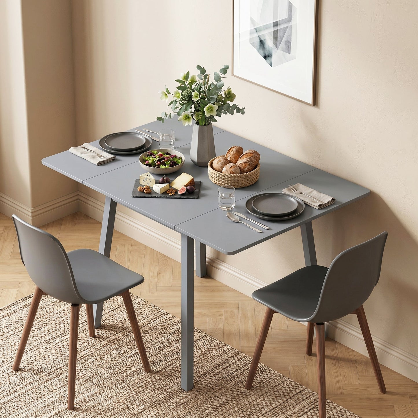 Solid Wood Folding Dining Table, Drop Leaf Table for 2-4 People,  Rectangle Kitchen Table for Small Space, Grey
