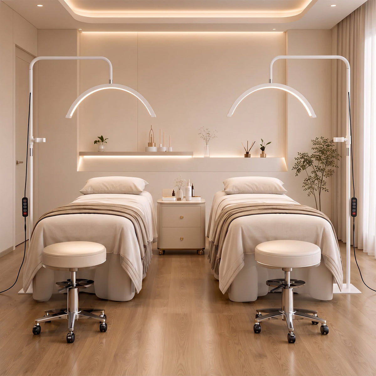 Half Moon Lash Light, Beauty Floor Lamp with 350° Rotatable Head, 7 Colour Temperature and Phone Holder, Dimmable Standing Lamp for Eyelash Extension, Tattoo, Nails, Skincare, White
